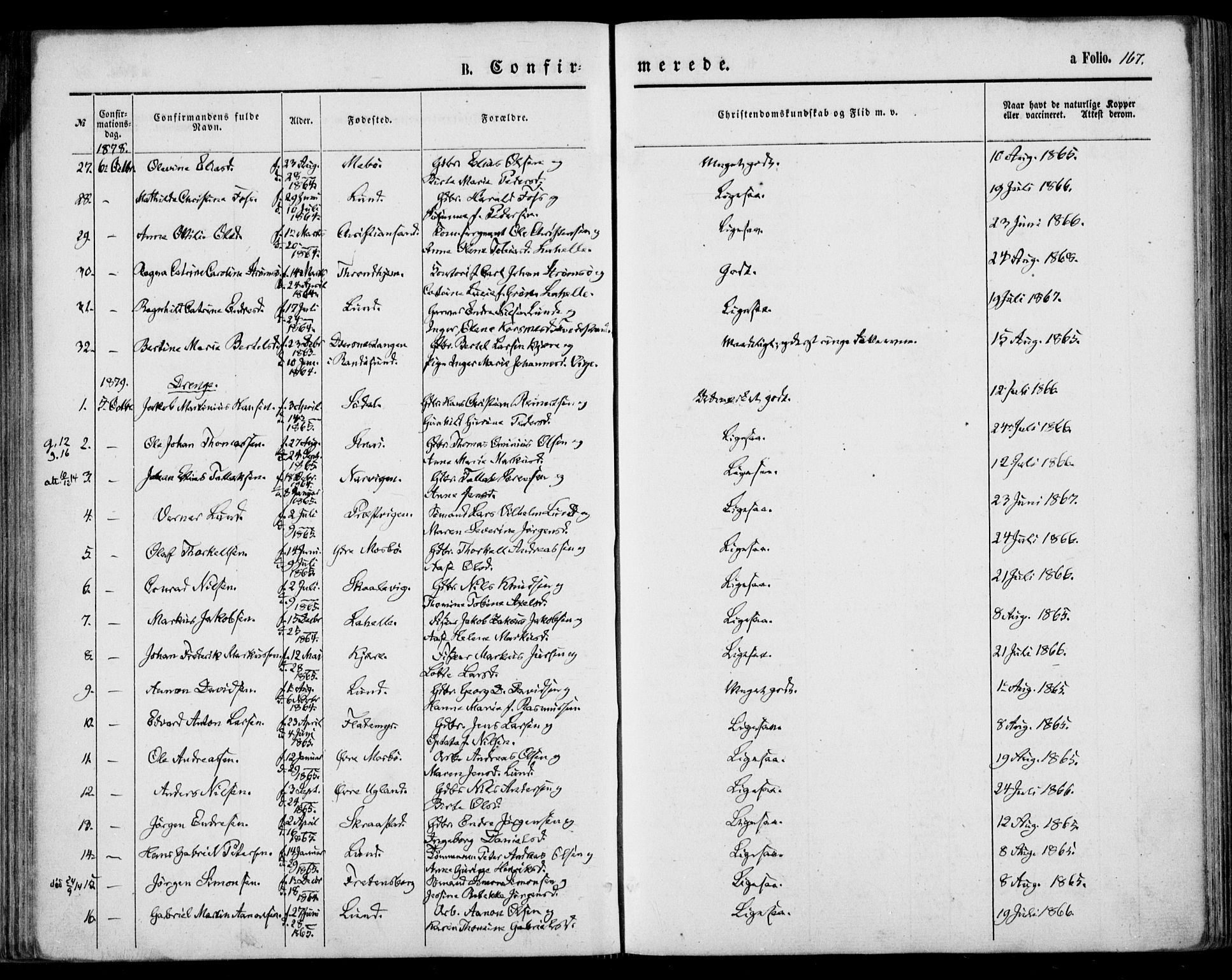 Oddernes sokneprestkontor, AV/SAK-1111-0033/F/Fa/Faa/L0008: Parish register (official) no. A 8, 1864-1880, p. 167