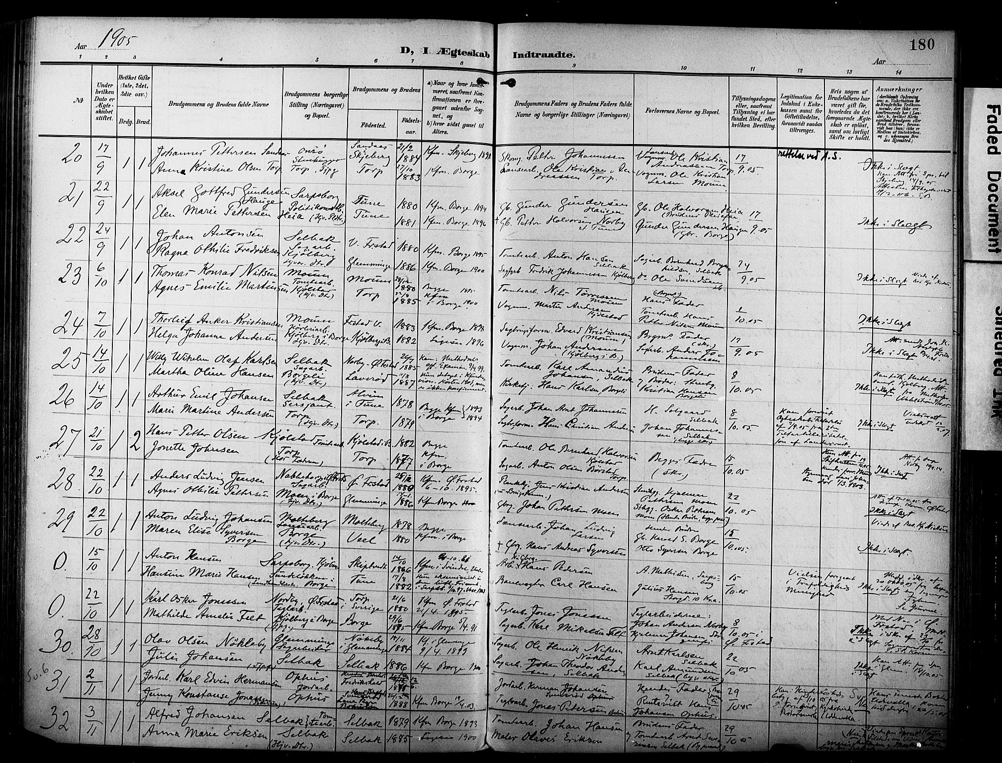 Borge prestekontor Kirkebøker, SAO/A-10903/F/Fa/L0009: Parish register (official) no. I 9, 1902-1911, p. 180
