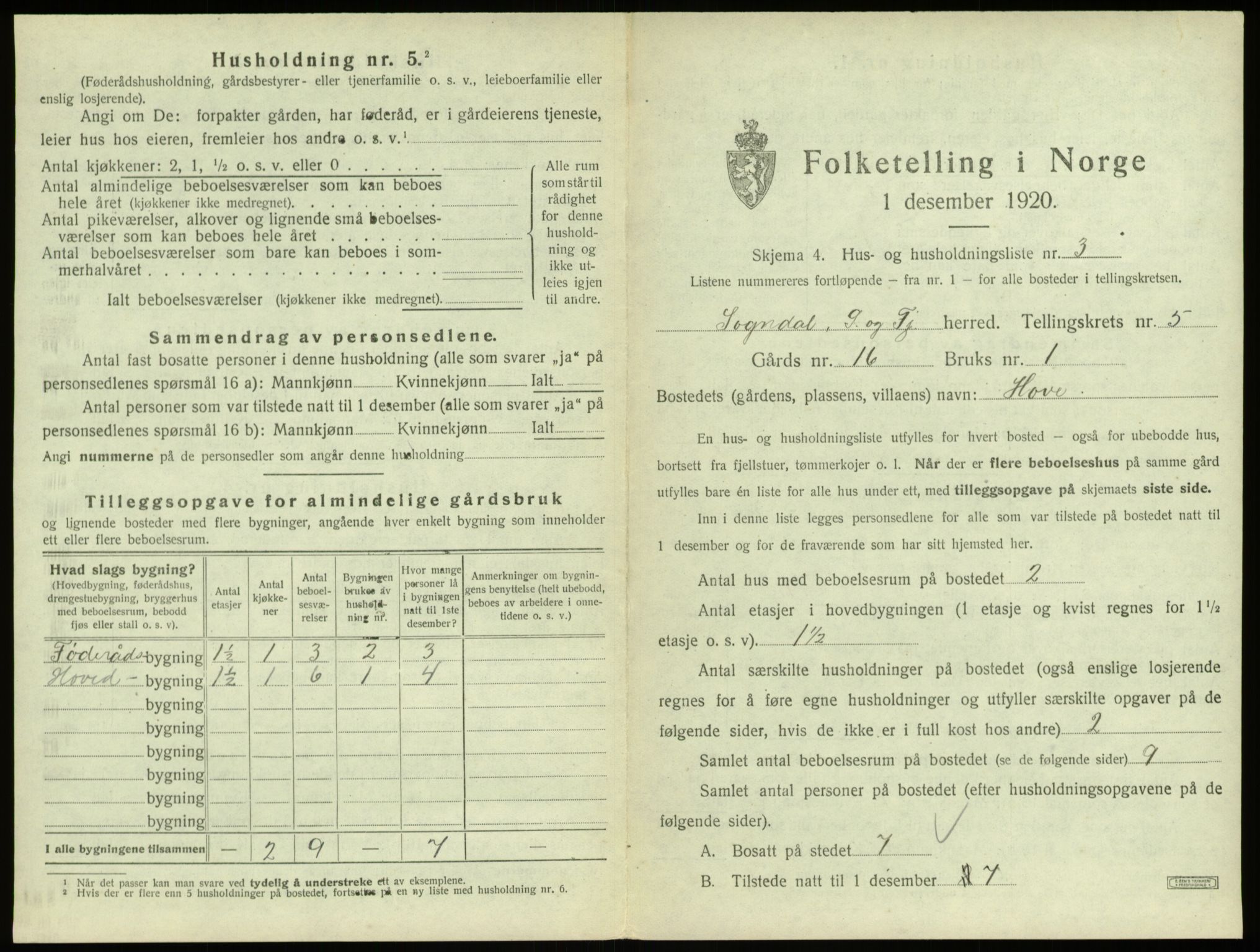 SAB, 1920 census for Sogndal, 1920, p. 271