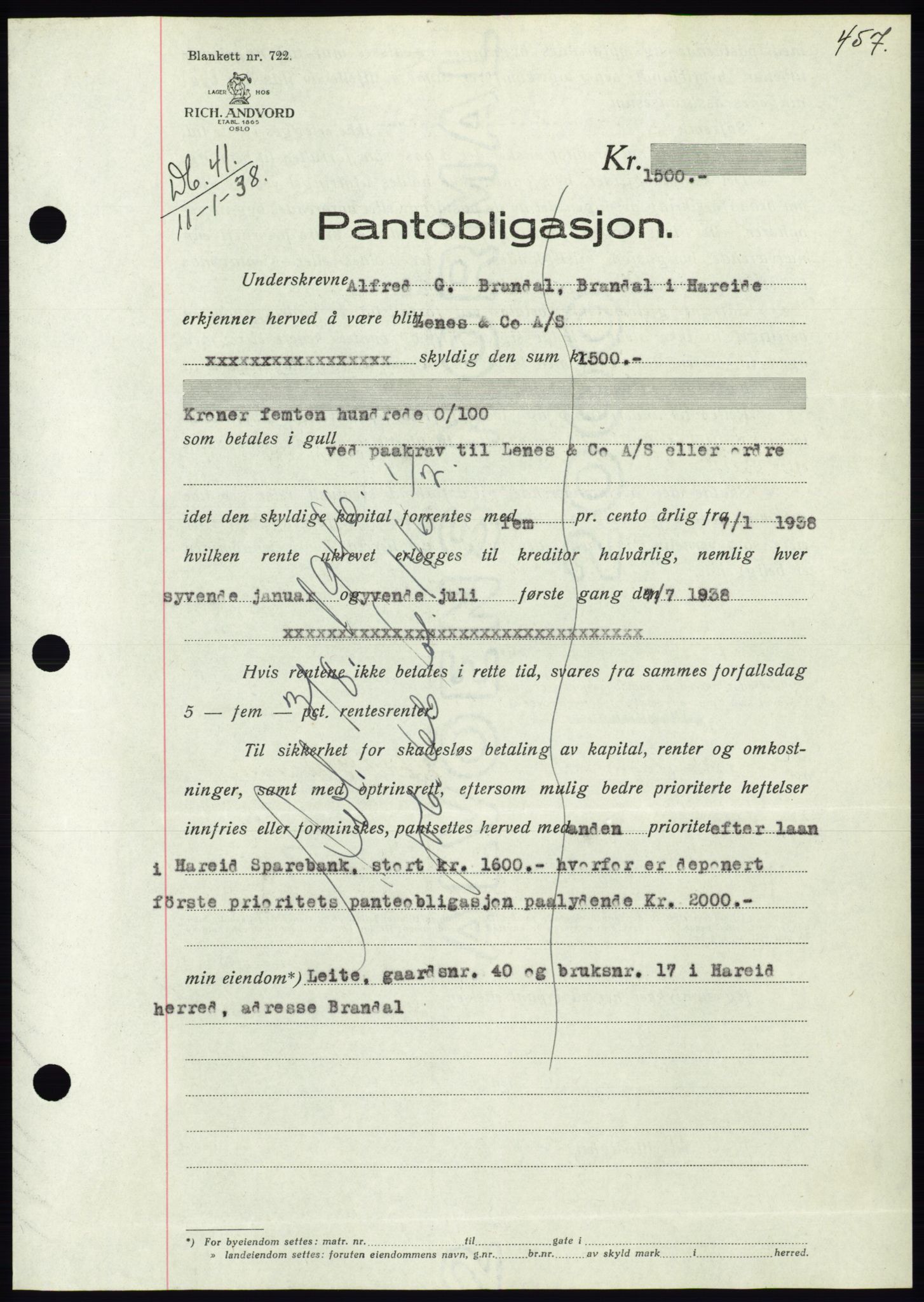 Søre Sunnmøre sorenskriveri, AV/SAT-A-4122/1/2/2C/L0064: Mortgage book no. 58, 1937-1938, Diary no: : 41/1938