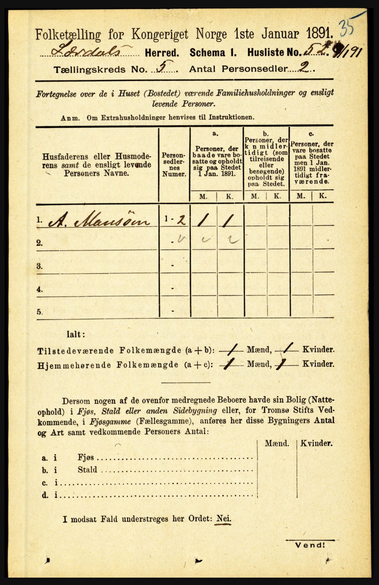 RA, 1891 census for 1422 Lærdal, 1891, p. 75