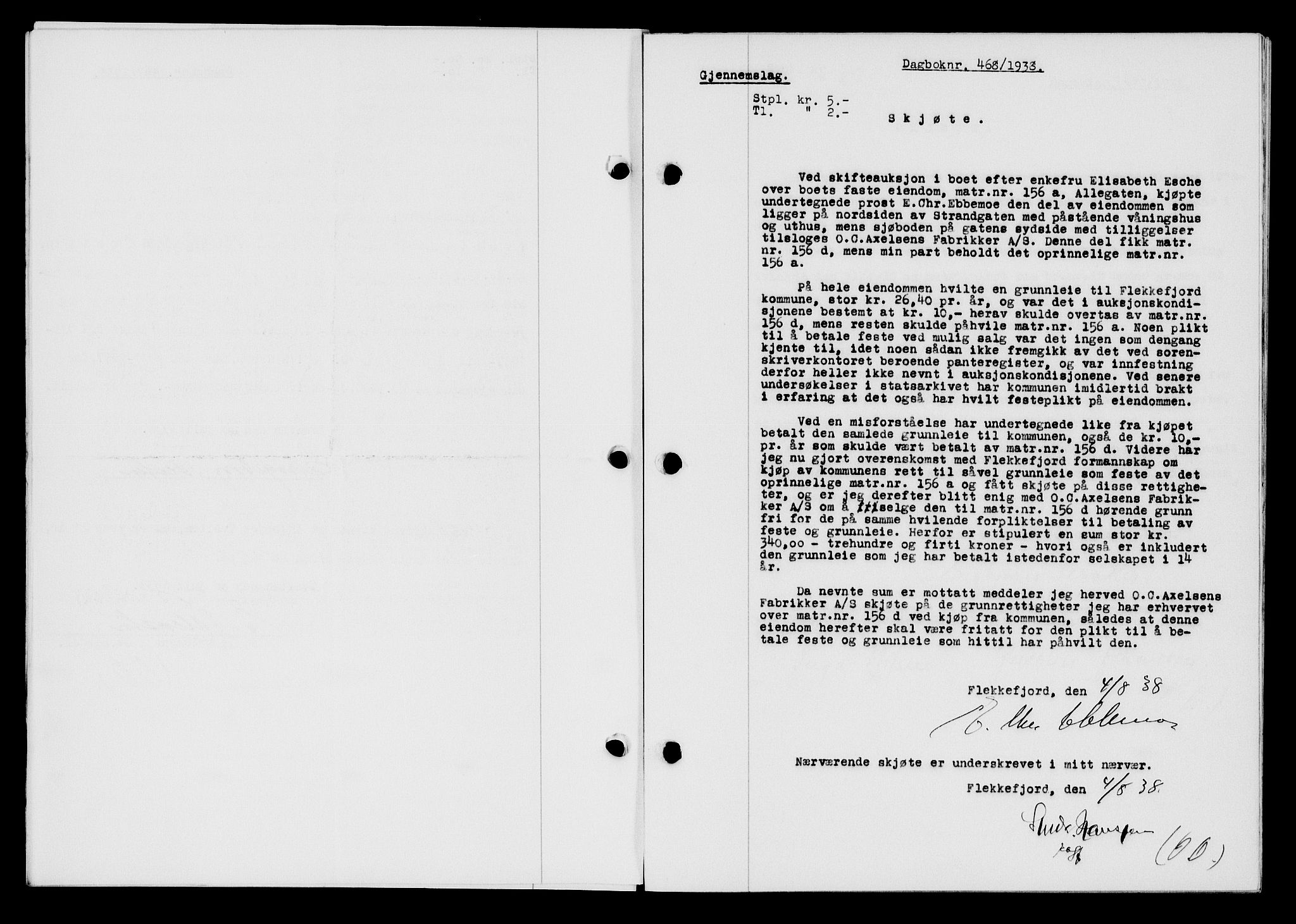 Flekkefjord sorenskriveri, SAK/1221-0001/G/Gb/Gba/L0054: Mortgage book no. A-2, 1937-1938, Diary no: : 468/1938
