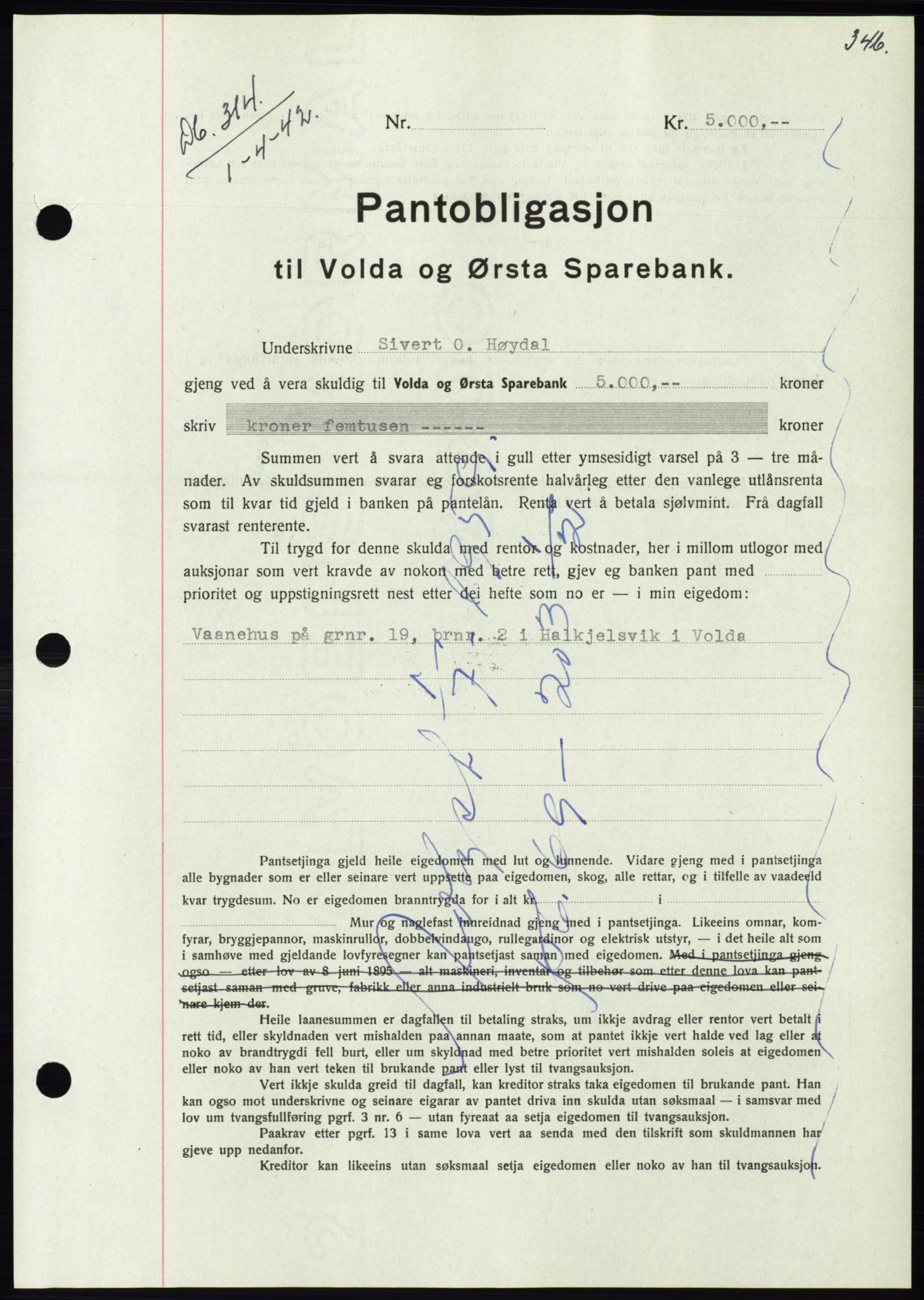 Søre Sunnmøre sorenskriveri, AV/SAT-A-4122/1/2/2C/L0073: Mortgage book no. 67, 1941-1942, Diary no: : 314/1942