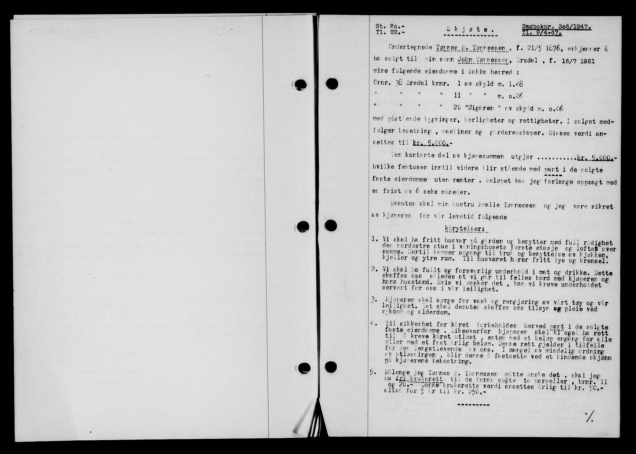 Flekkefjord sorenskriveri, SAK/1221-0001/G/Gb/Gba/L0061: Mortgage book no. A-9, 1946-1947, Diary no: : 305/1947