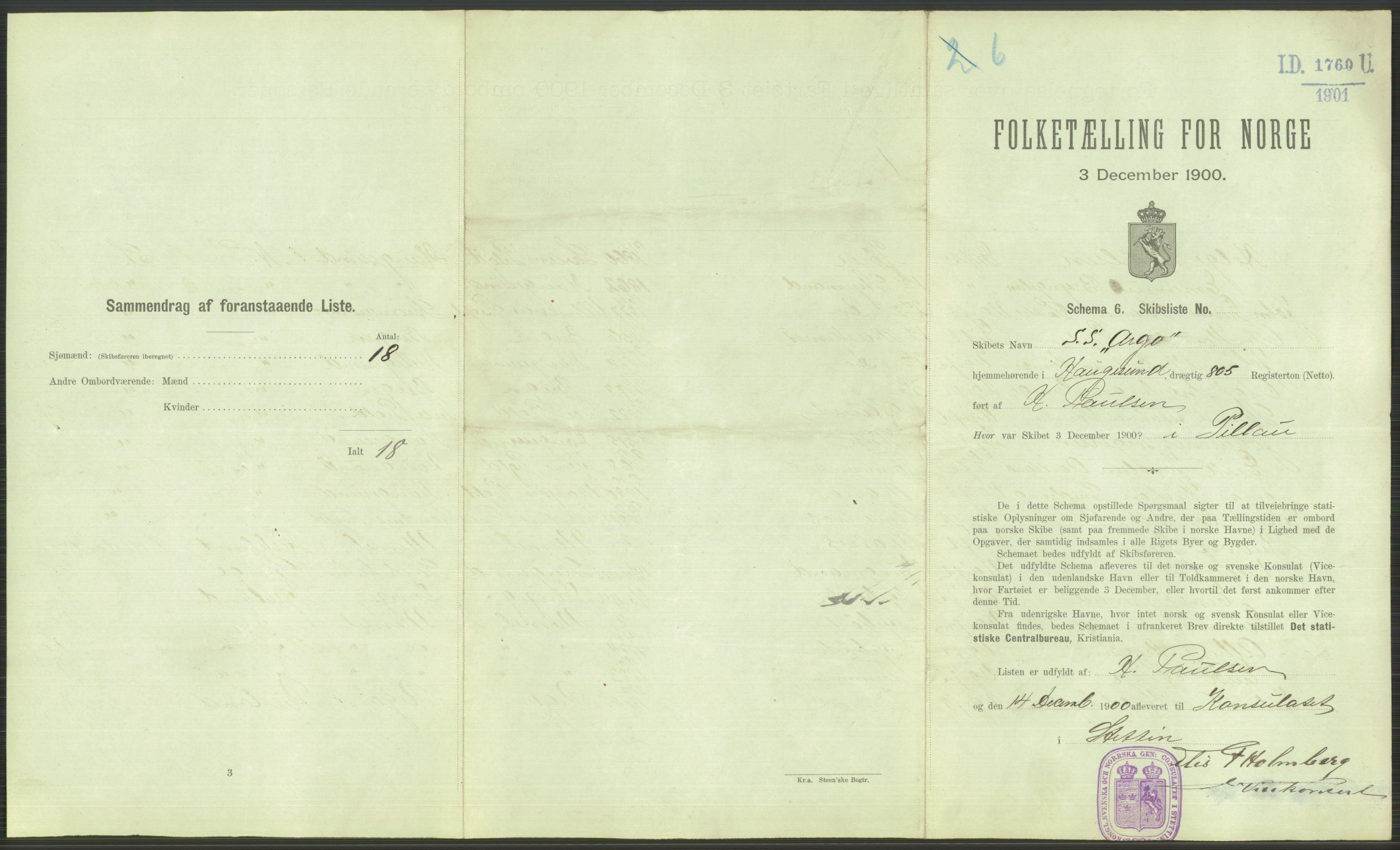 RA, 1900 Census - ship lists from ships in Norwegian harbours, harbours abroad and at sea, 1900, p. 3693