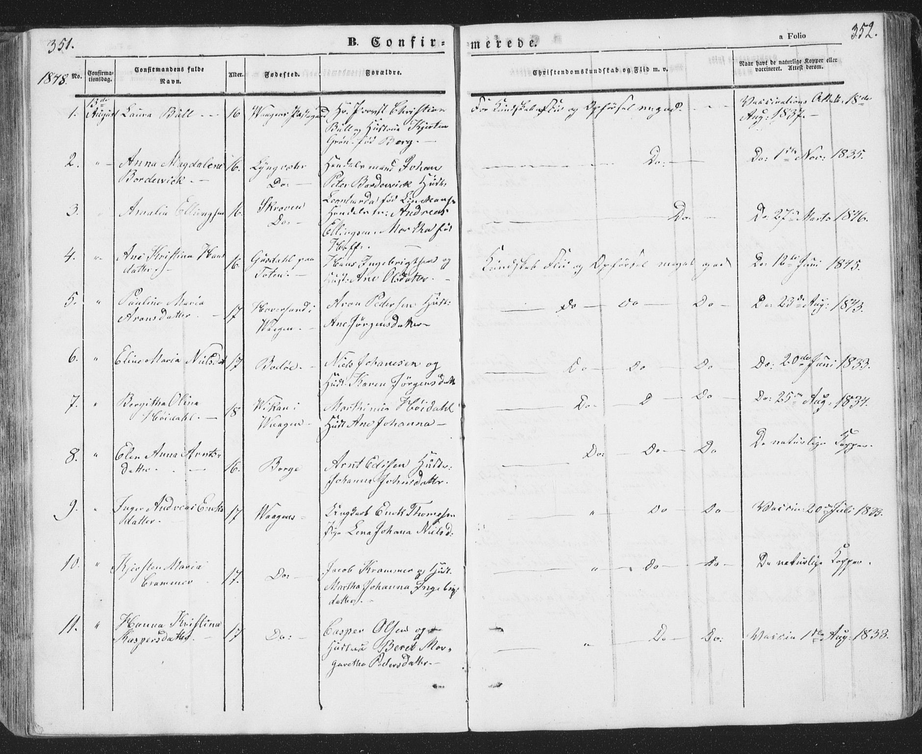 Ministerialprotokoller, klokkerbøker og fødselsregistre - Nordland, SAT/A-1459/874/L1072: Parish register (copy) no. 874C01, 1843-1859, p. 351-352