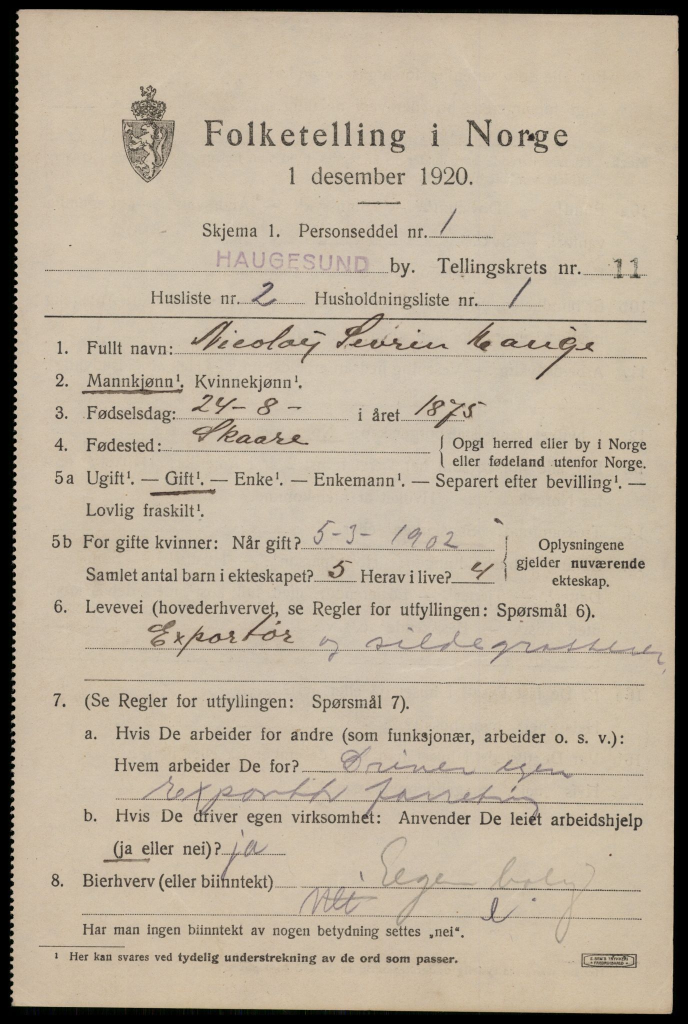 SAST, 1920 census for Haugesund, 1920, p. 36517