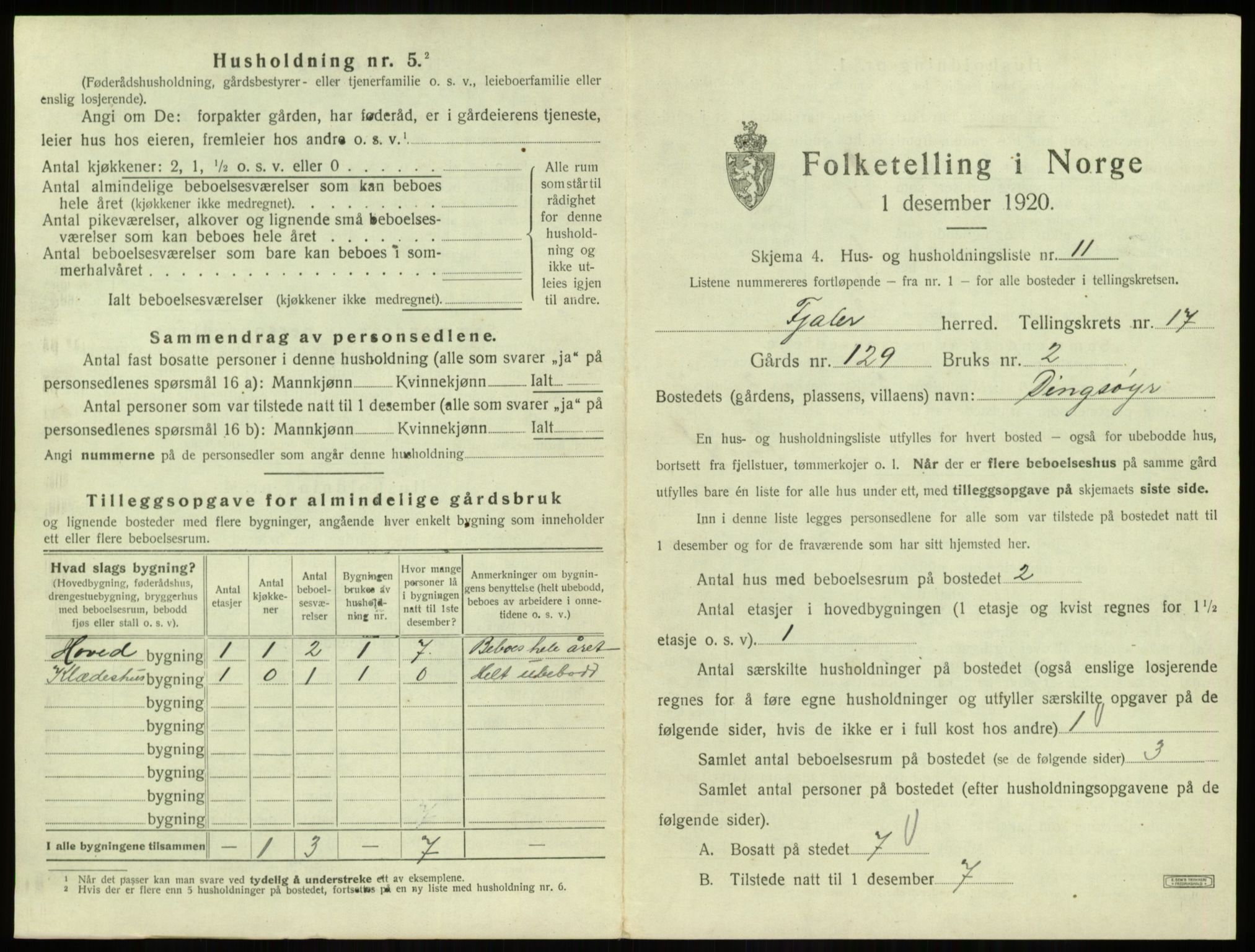 SAB, 1920 census for Fjaler, 1920, p. 1336