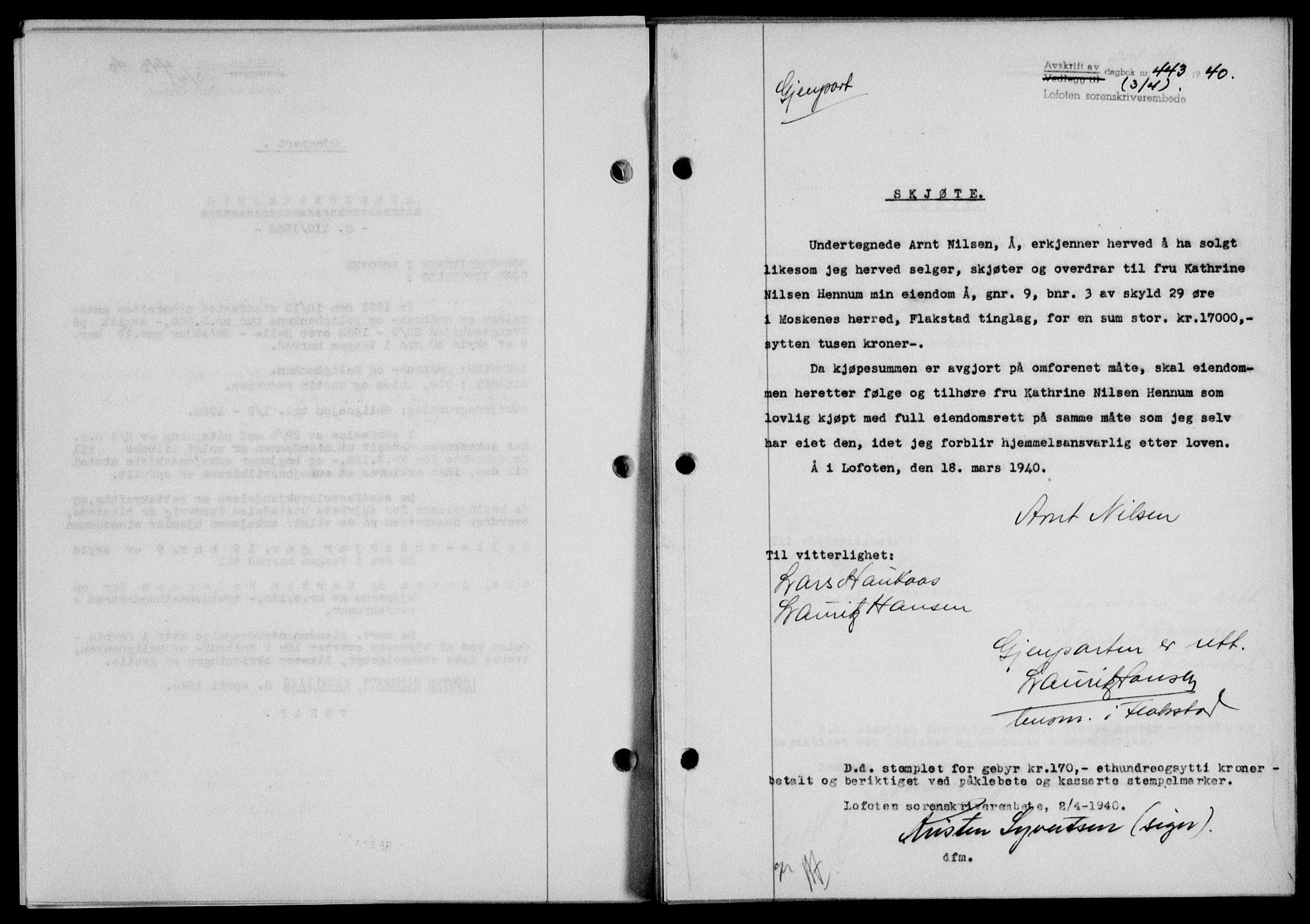 Lofoten sorenskriveri, SAT/A-0017/1/2/2C/L0007a: Mortgage book no. 7a, 1939-1940, Diary no: : 443/1940