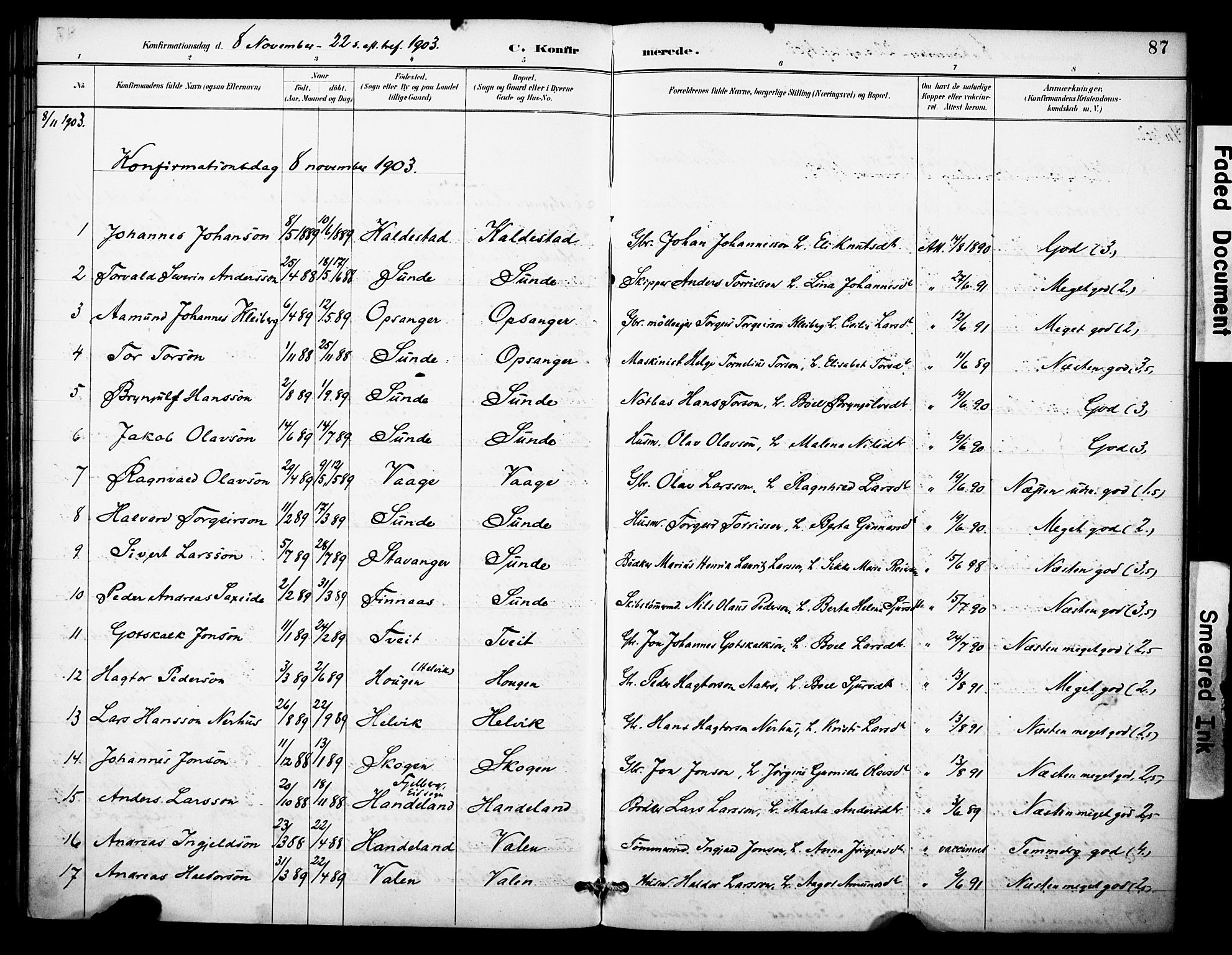 Kvinnherad sokneprestembete, SAB/A-76401/H/Haa: Parish register (official) no. D 1, 1887-1910, p. 87