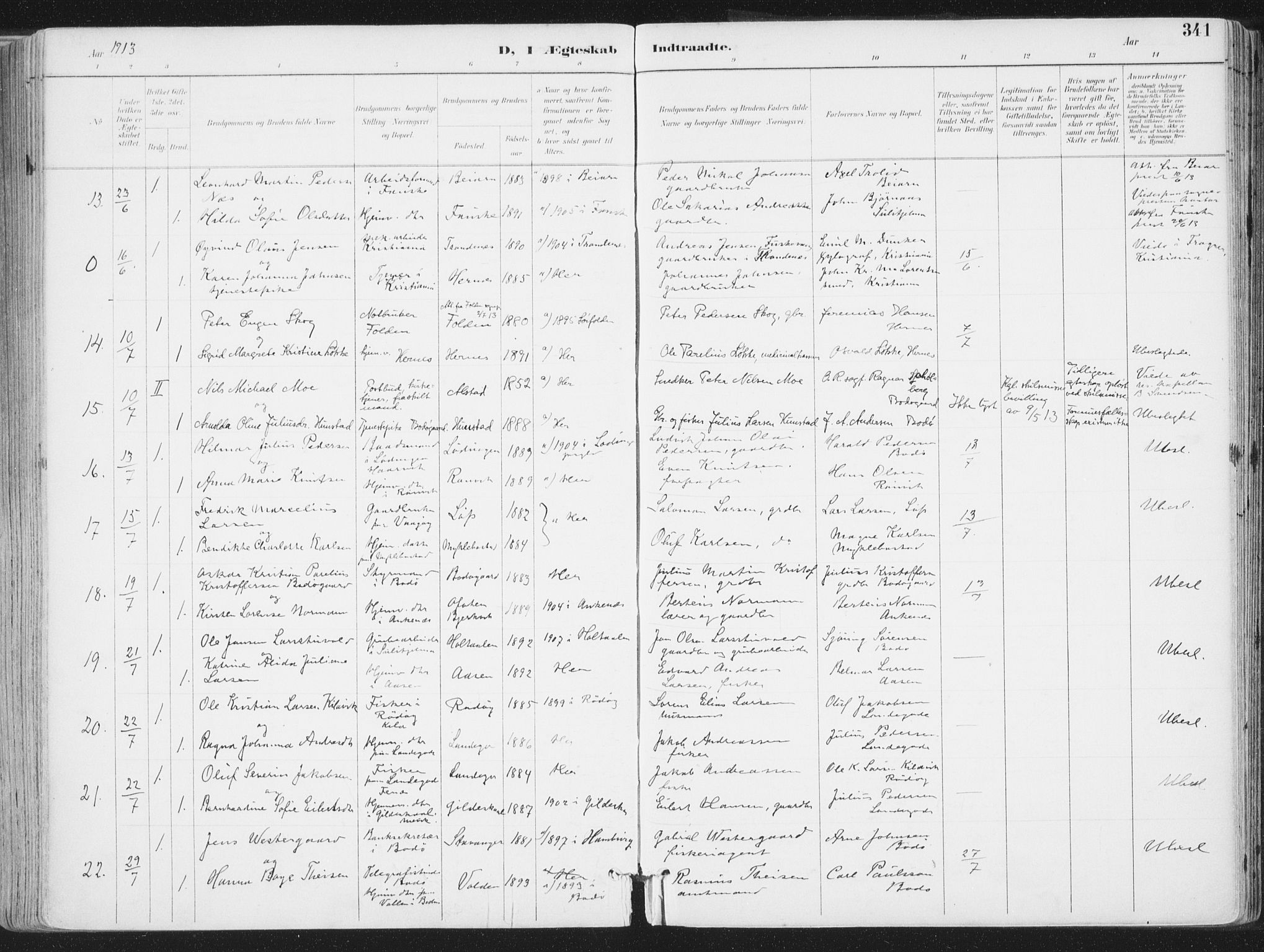 Ministerialprotokoller, klokkerbøker og fødselsregistre - Nordland, SAT/A-1459/802/L0055: Parish register (official) no. 802A02, 1894-1915, p. 341