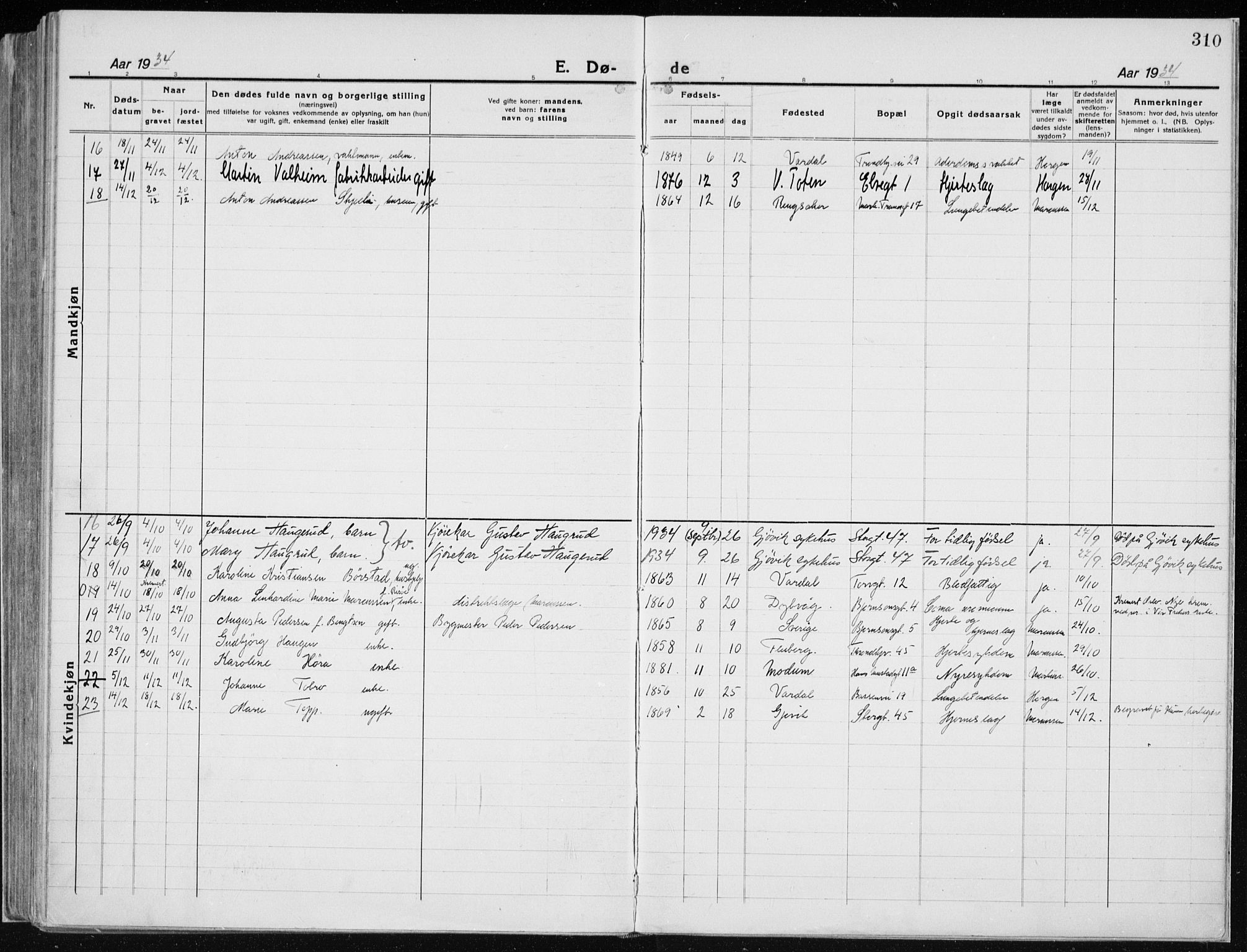 Vardal prestekontor, SAH/PREST-100/H/Ha/Haa/L0015: Parish register (official) no. 15, 1923-1937, p. 310