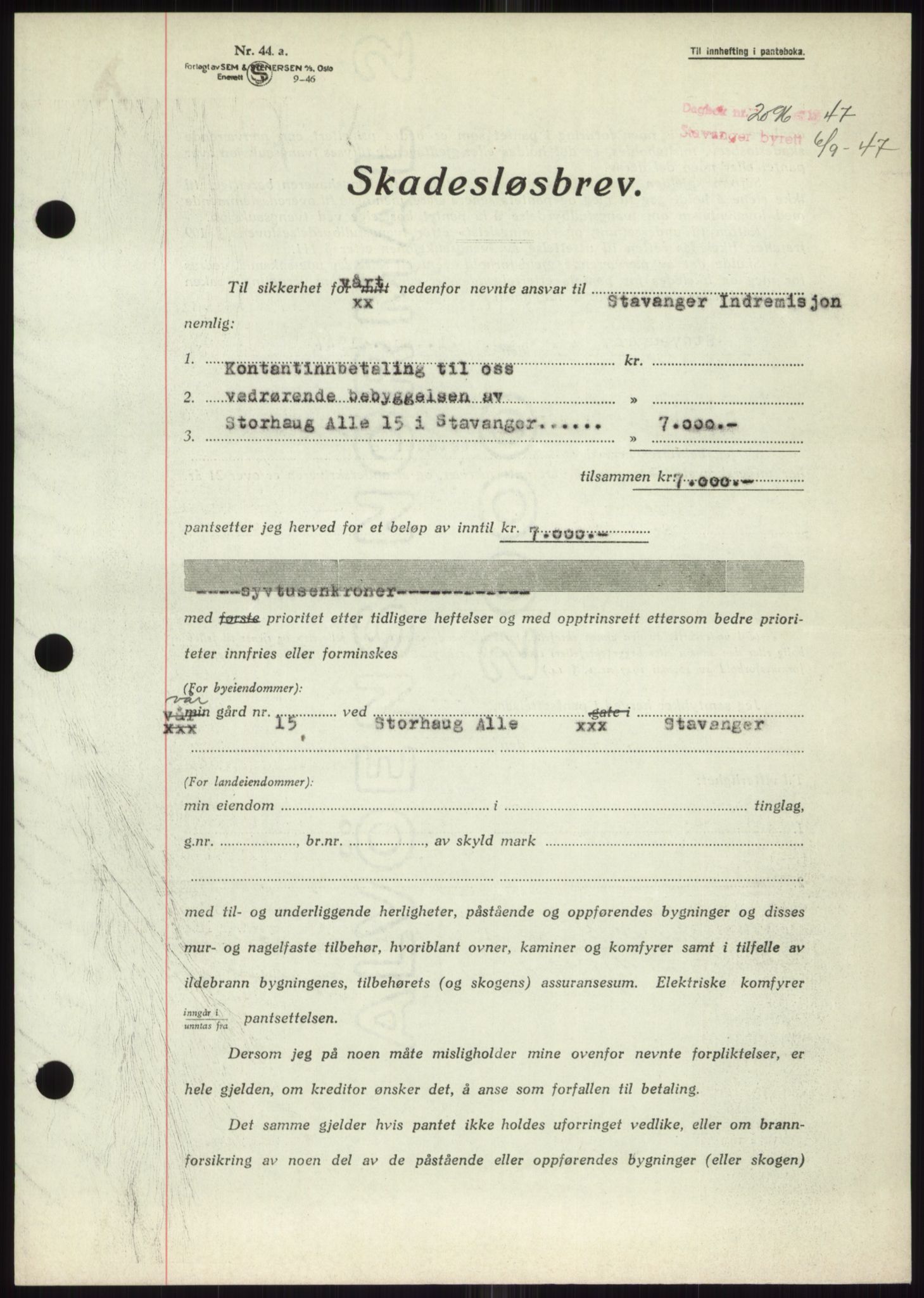 Stavanger byrett, SAST/A-100455/002/G/Gb/L0032: Mortgage book, 1947-1950, Diary no: : 2096/1947