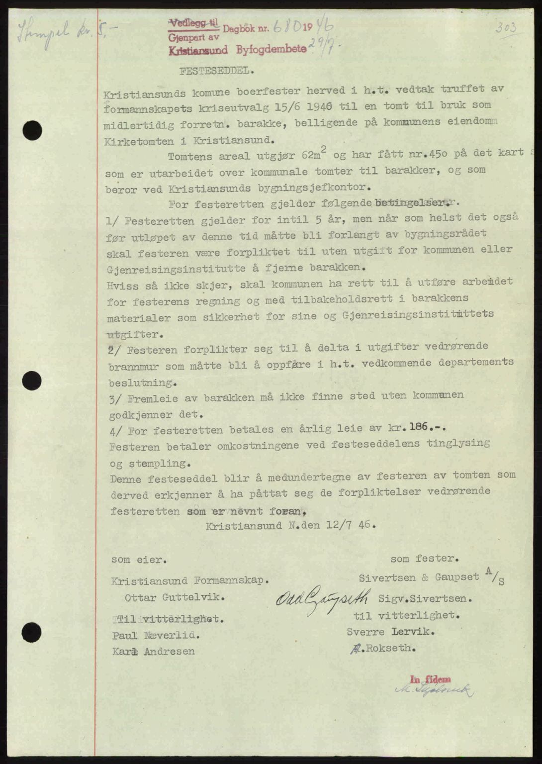 Kristiansund byfogd, AV/SAT-A-4587/A/27: Mortgage book no. 40, 1946-1946, Diary no: : 680/1946