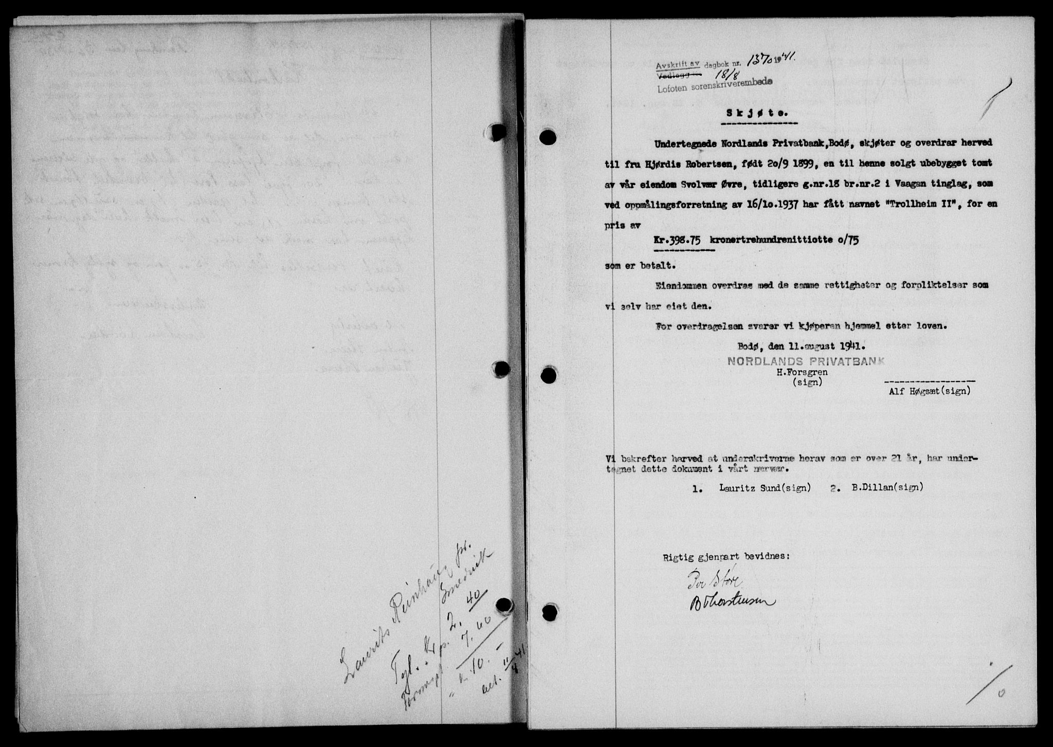 Lofoten sorenskriveri, SAT/A-0017/1/2/2C/L0008a: Mortgage book no. 8a, 1940-1941, Diary no: : 1370/1941