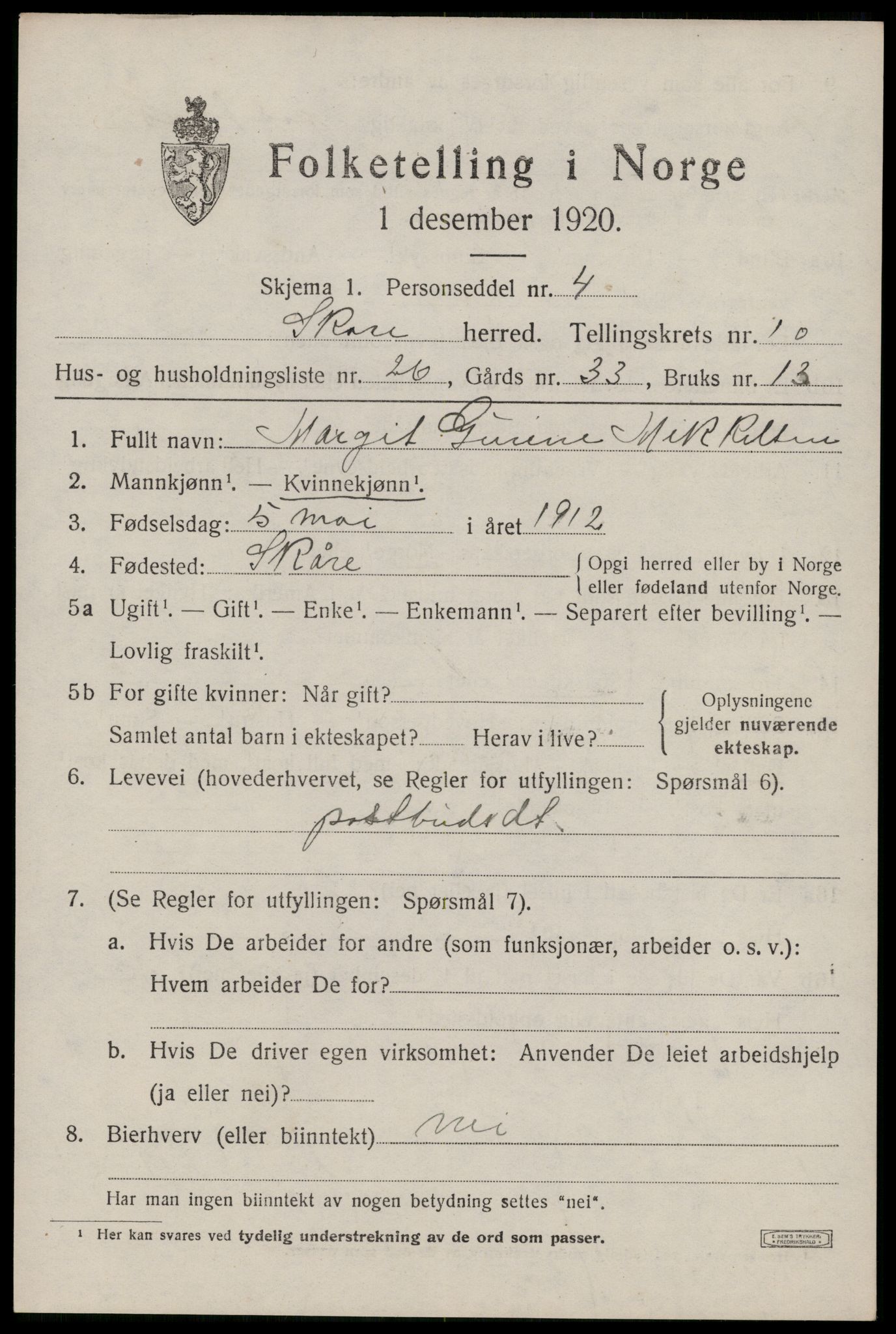 SAST, 1920 census for Skåre, 1920, p. 8194