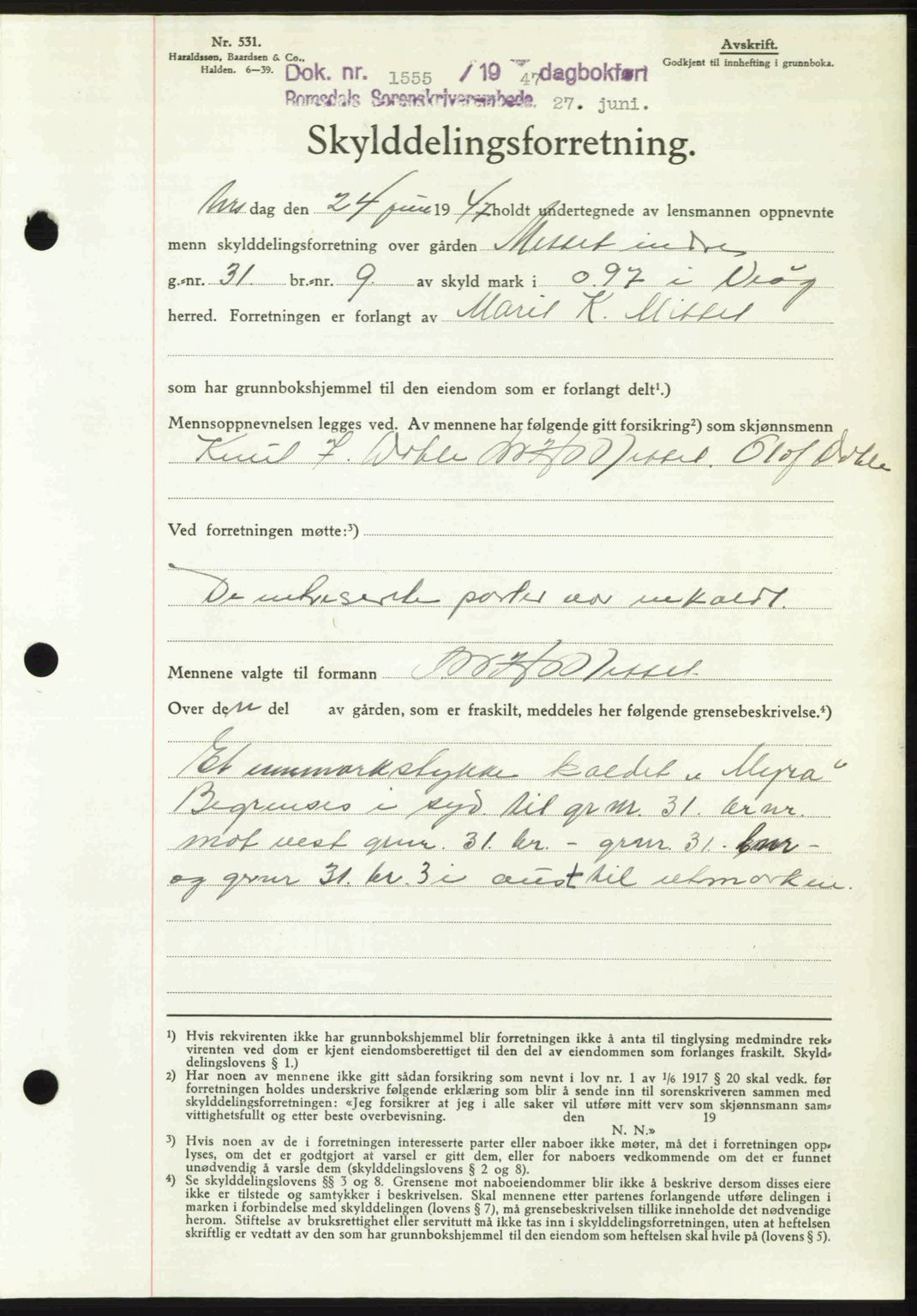 Romsdal sorenskriveri, AV/SAT-A-4149/1/2/2C: Mortgage book no. A23, 1947-1947, Diary no: : 1555/1947