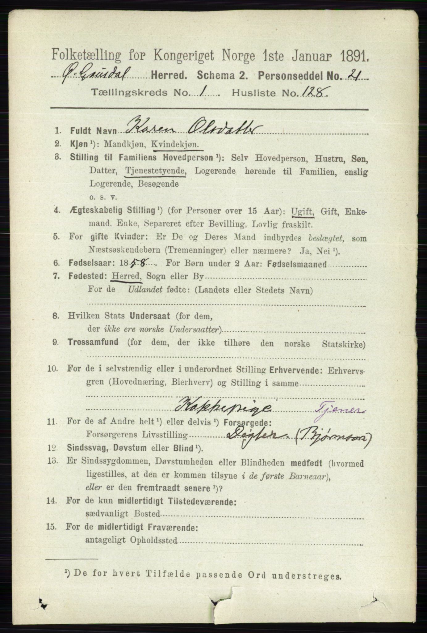 RA, 1891 census for 0522 Østre Gausdal, 1891, p. 1084