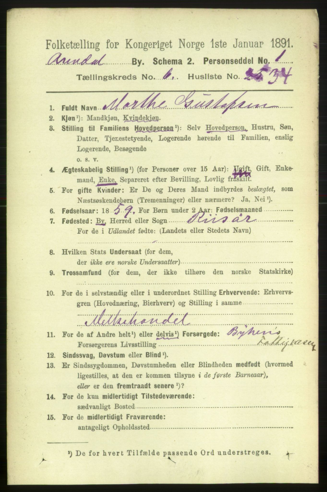 RA, 1891 census for 0903 Arendal, 1891, p. 2519