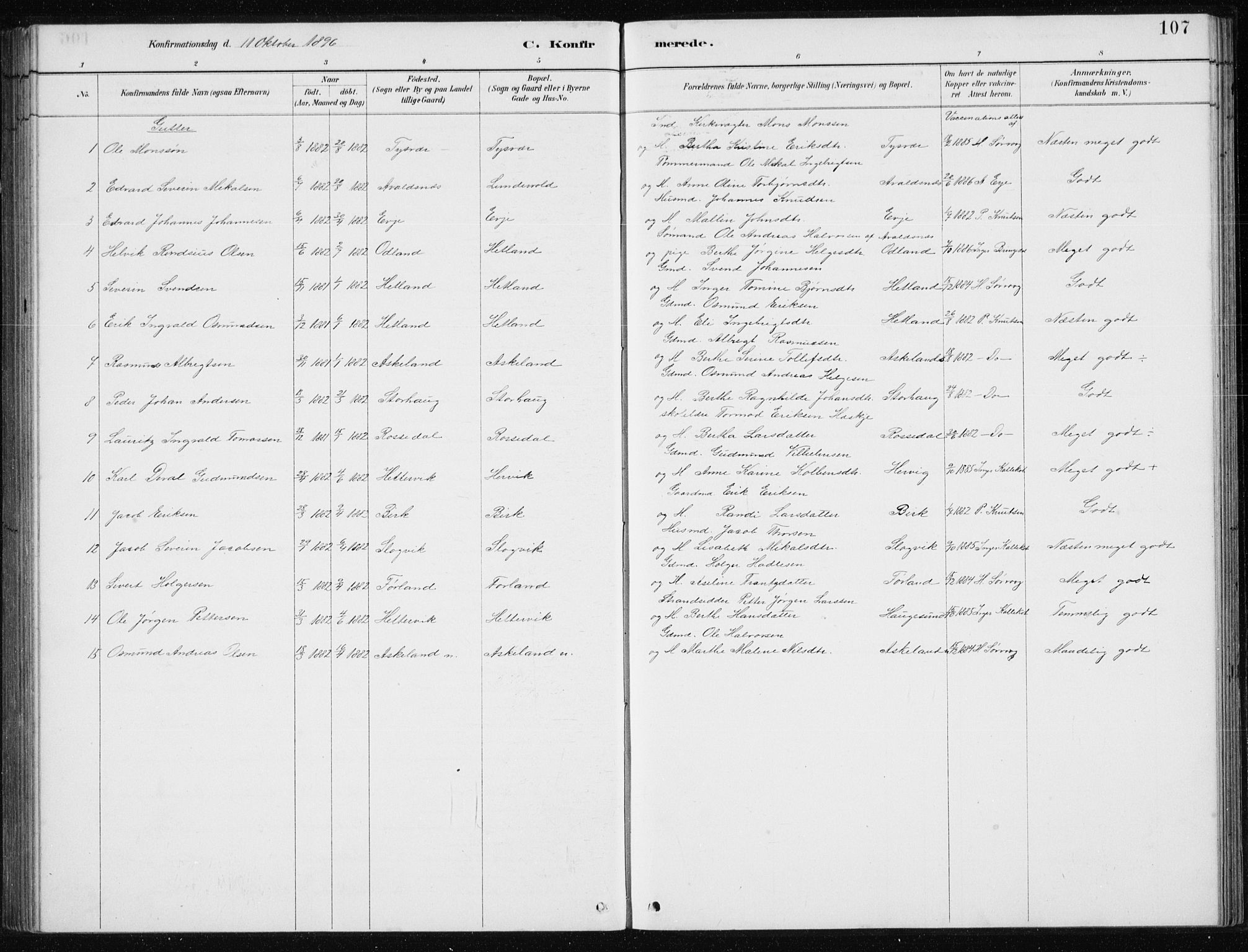 Tysvær sokneprestkontor, AV/SAST-A -101864/H/Ha/Hab/L0004: Parish register (copy) no. B 4, 1883-1896, p. 107