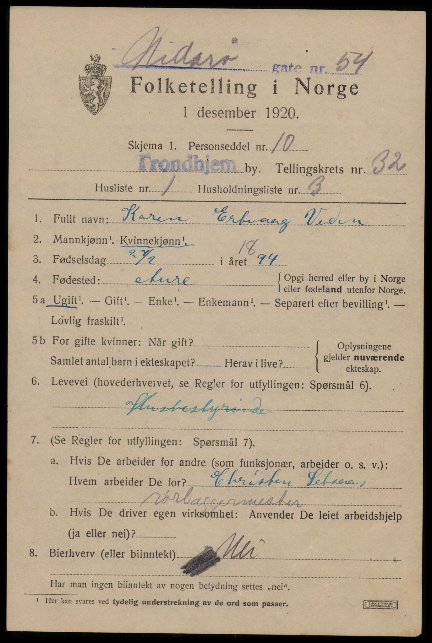 SAT, 1920 census for Trondheim, 1920, p. 77232