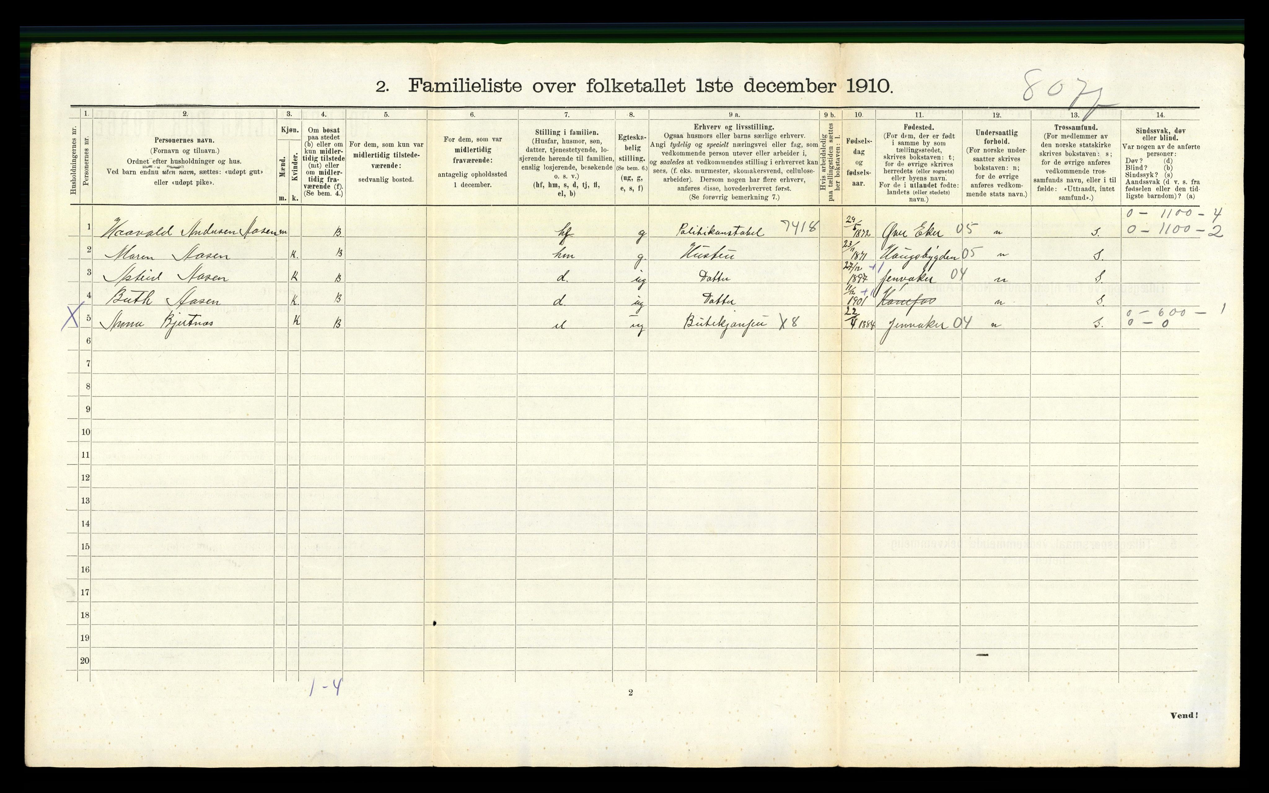 RA, 1910 census for Hønefoss, 1910, p. 262