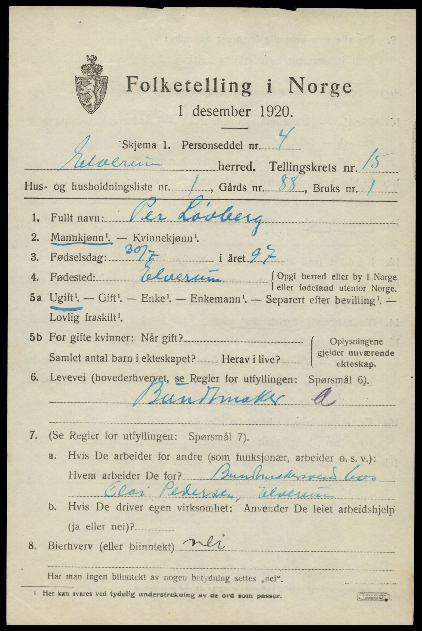 SAH, 1920 census for Elverum, 1920, p. 19272