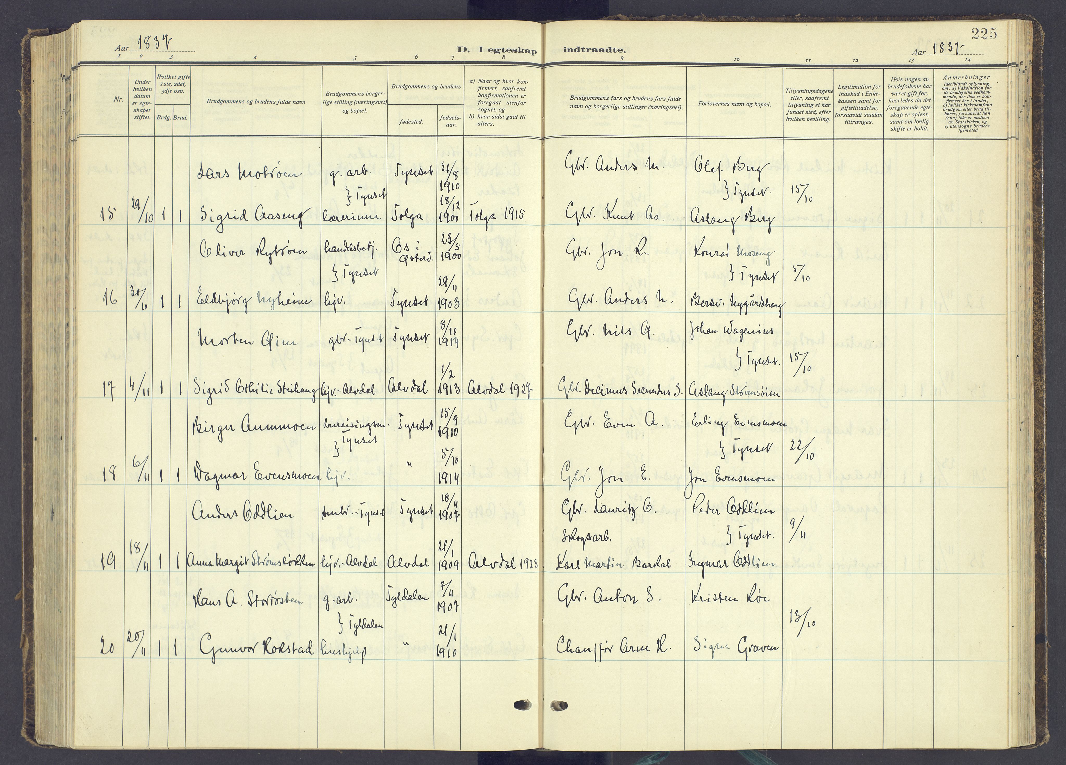 Tynset prestekontor, AV/SAH-PREST-058/H/Ha/Haa/L0027: Parish register (official) no. 27, 1930-1944, p. 225