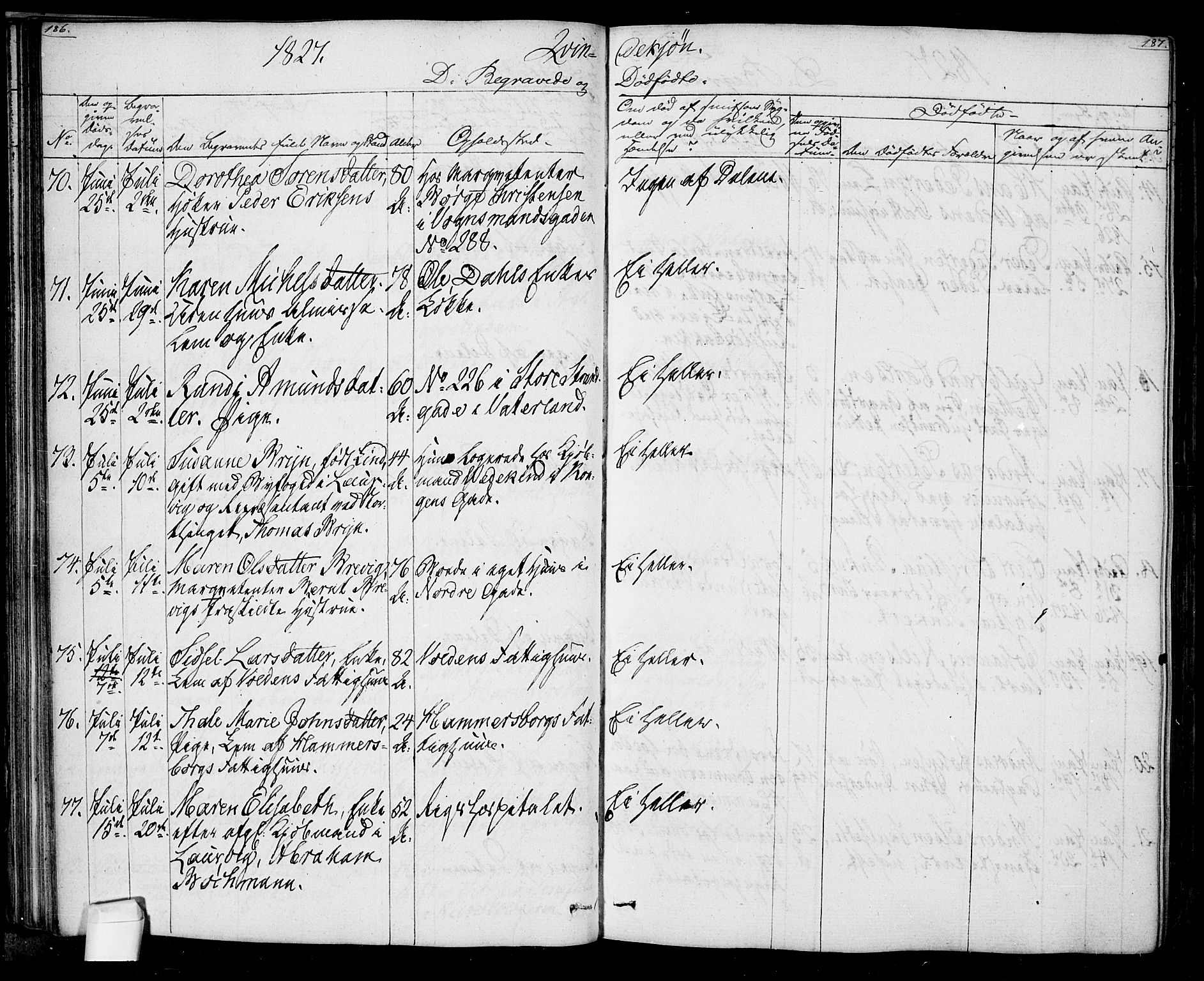 Oslo domkirke Kirkebøker, SAO/A-10752/F/Fa/L0022: Parish register (official) no. 22, 1824-1829, p. 186-187