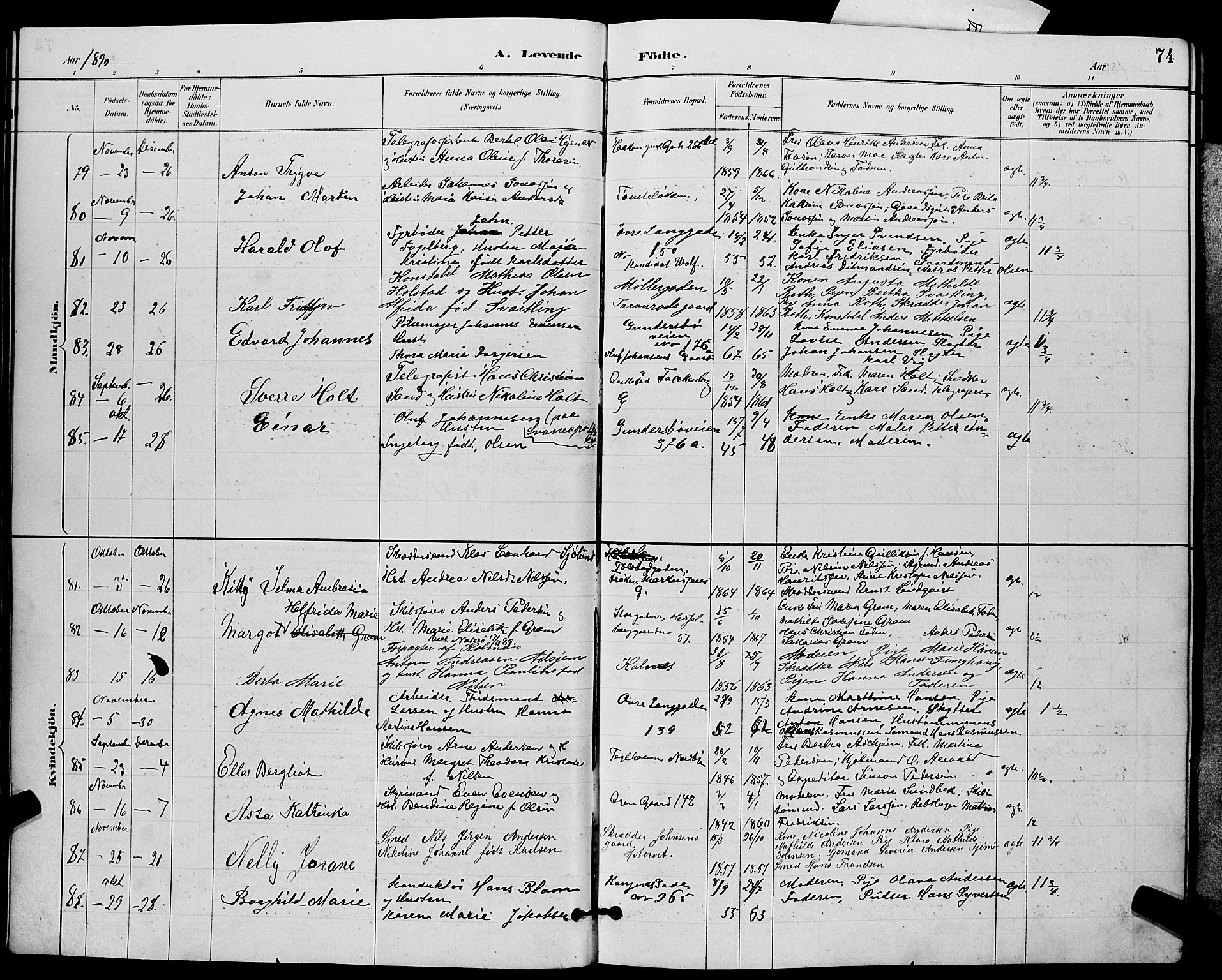 Tønsberg kirkebøker, AV/SAKO-A-330/G/Ga/L0006: Parish register (copy) no. 6, 1885-1895, p. 74