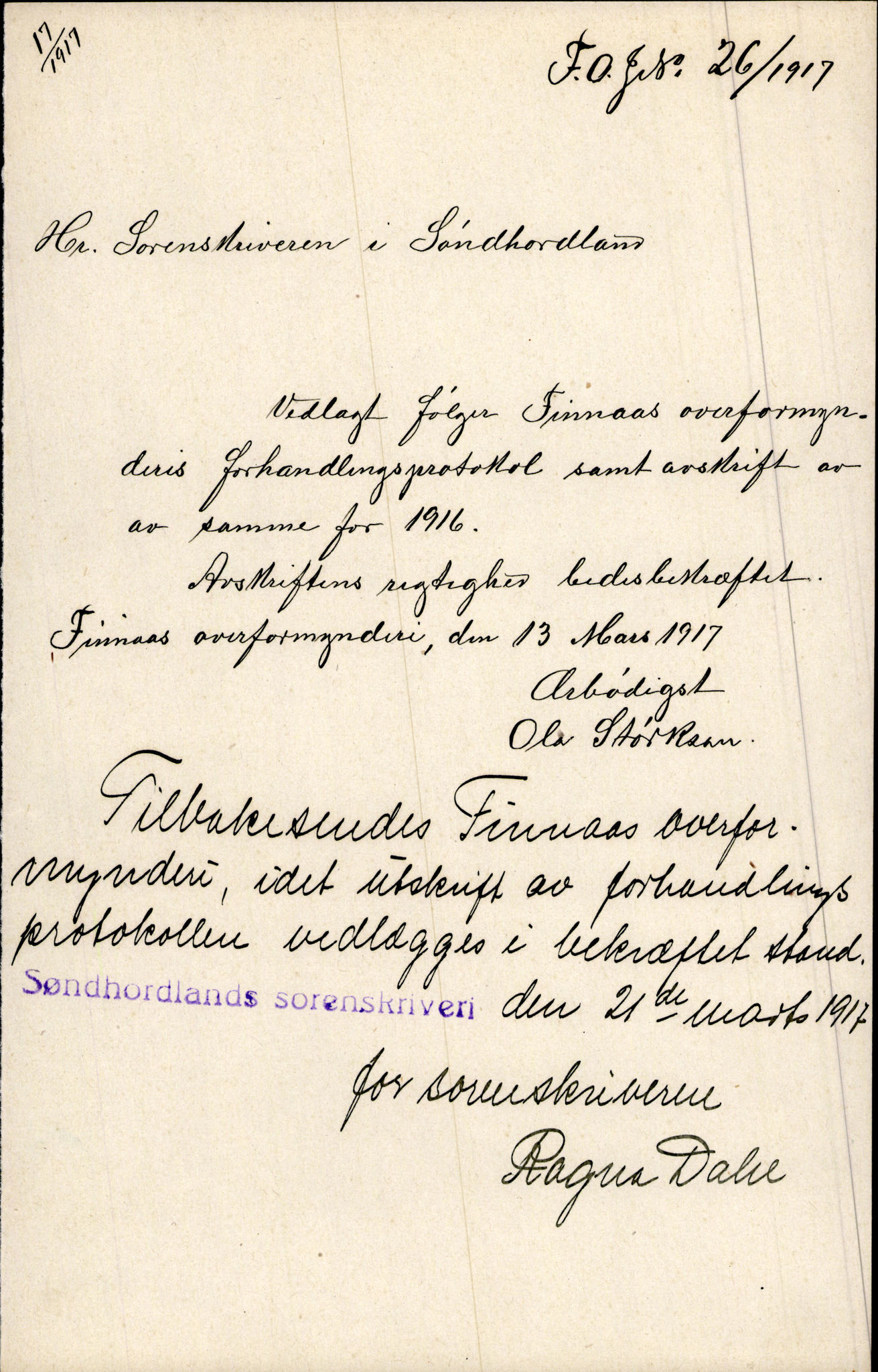 Finnaas kommune. Overformynderiet, IKAH/1218a-812/D/Da/Daa/L0003/0002: Kronologisk ordna korrespondanse / Kronologisk ordna korrespondanse, 1917-1919, p. 6