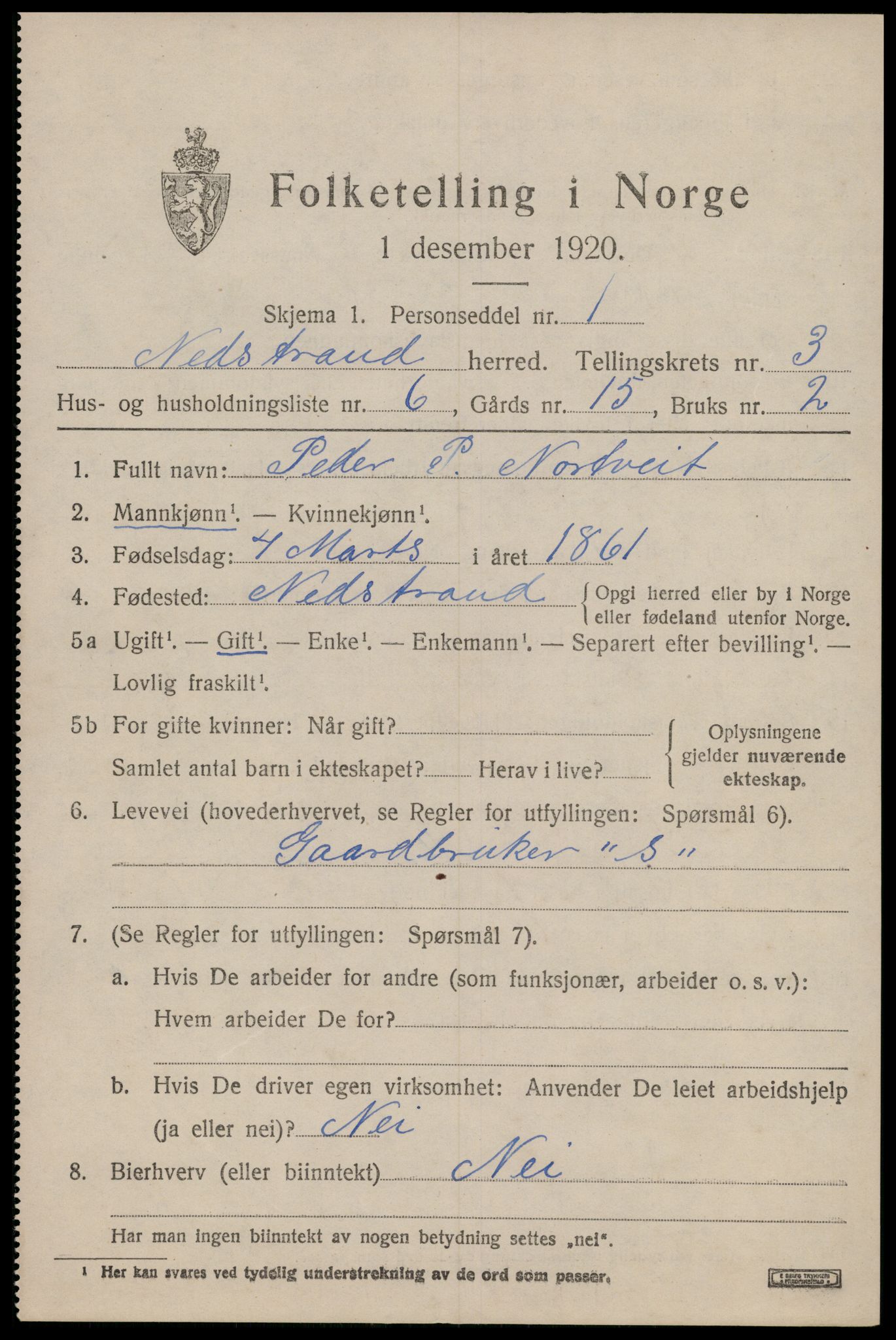 SAST, 1920 census for Nedstrand, 1920, p. 1407