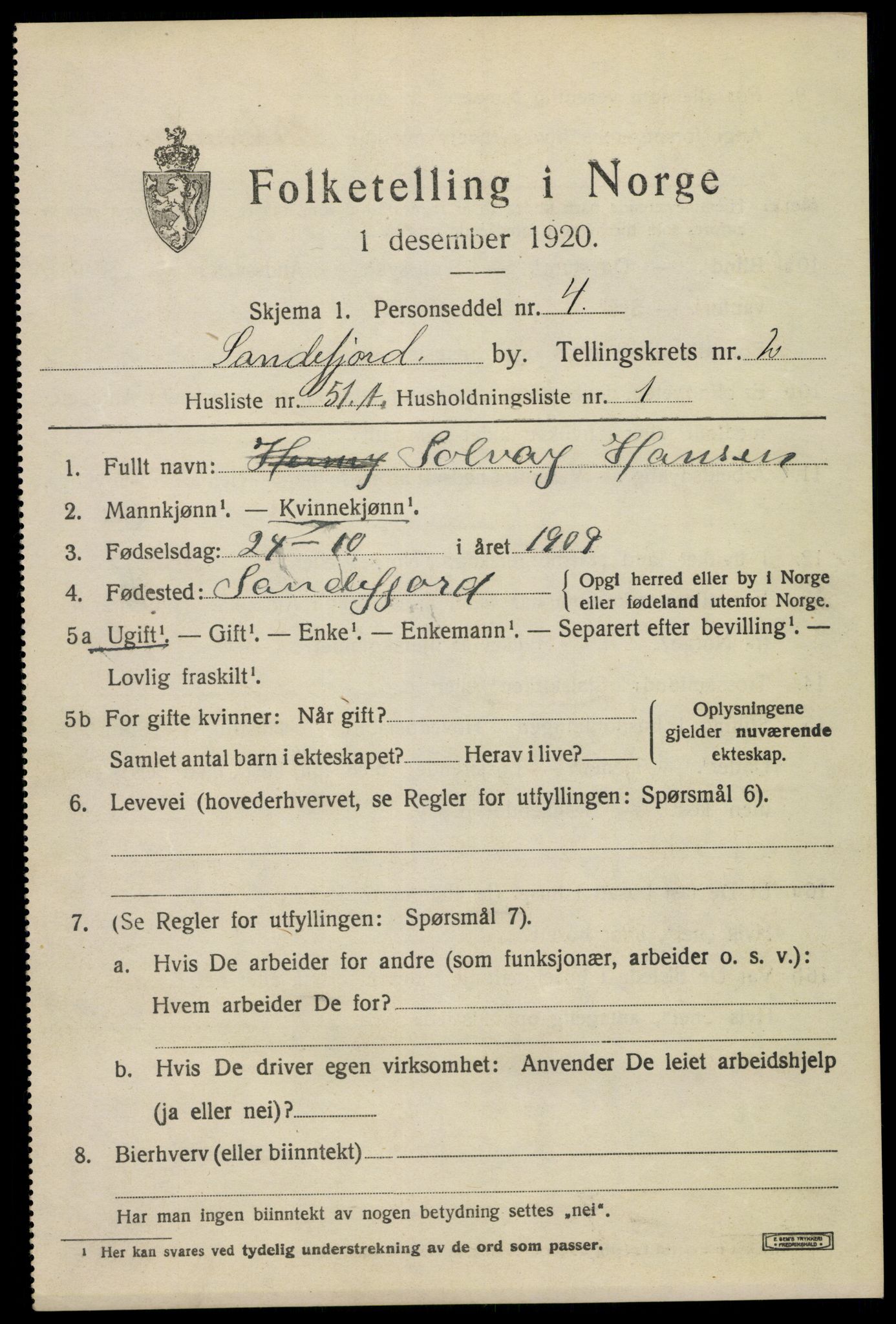 SAKO, 1920 census for Sandefjord, 1920, p. 6376