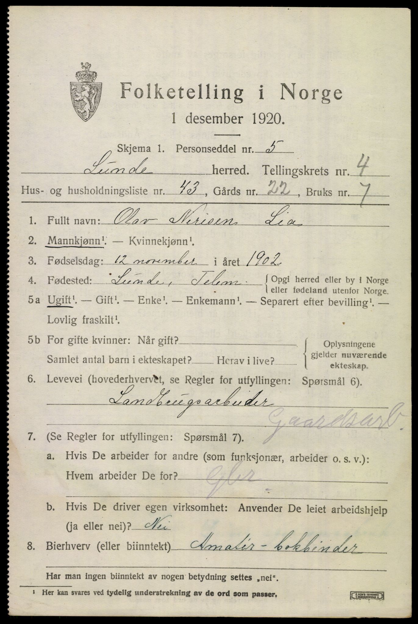 SAKO, 1920 census for Lunde, 1920, p. 3395