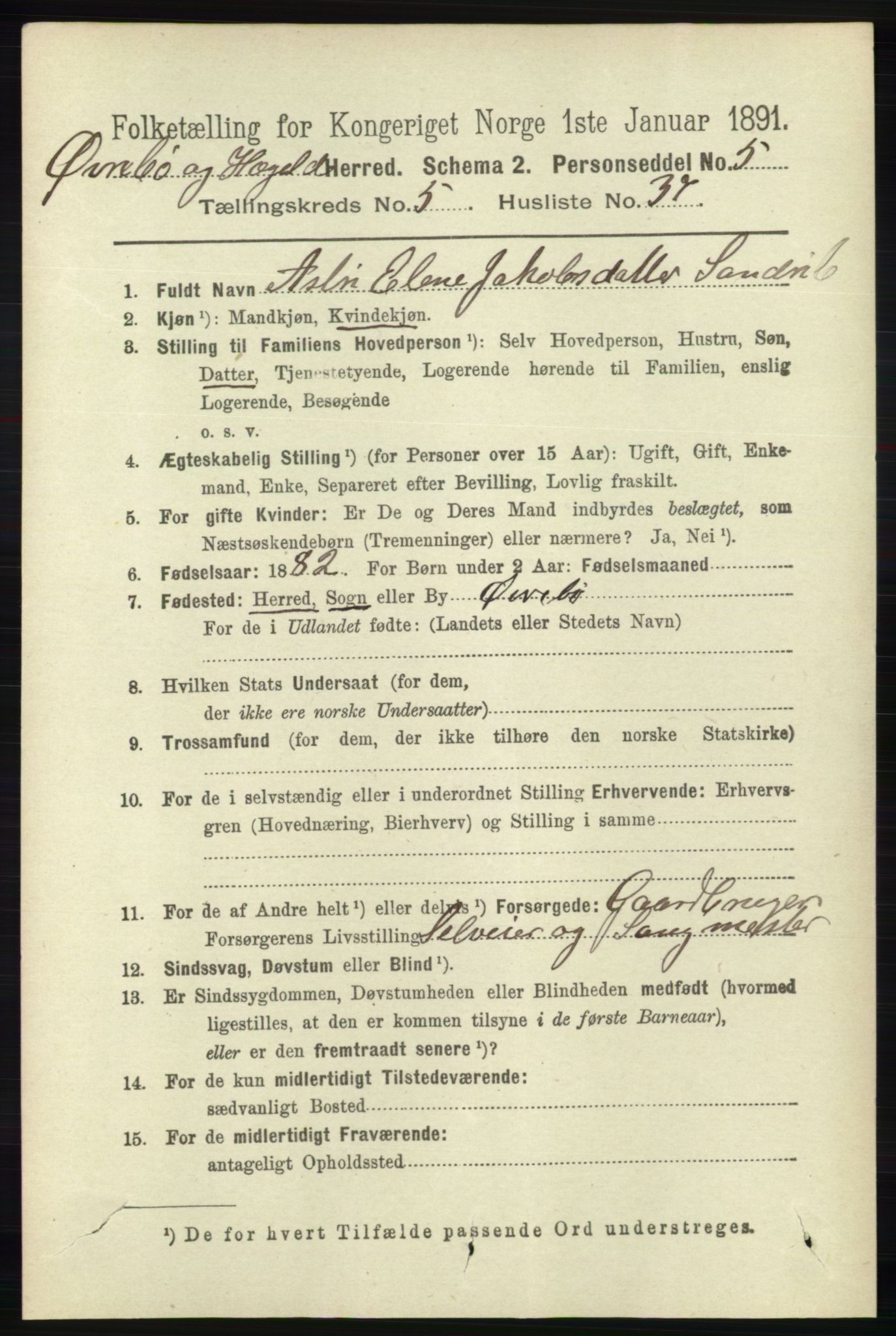 RA, 1891 census for 1016 Øvrebø og Hægeland, 1891, p. 1141