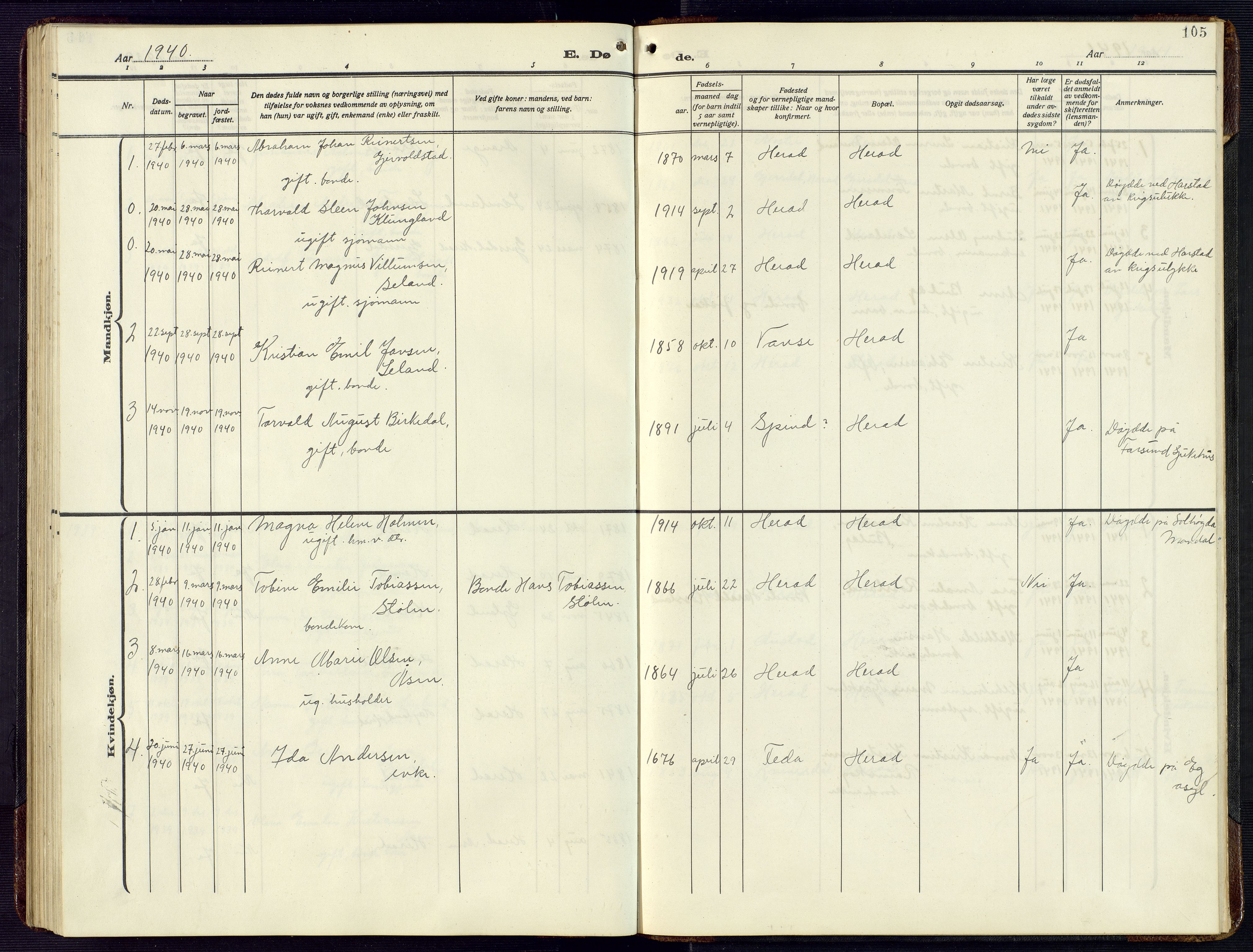 Herad sokneprestkontor, AV/SAK-1111-0018/F/Fb/Fba/L0006: Parish register (copy) no. B 6, 1921-1959, p. 105