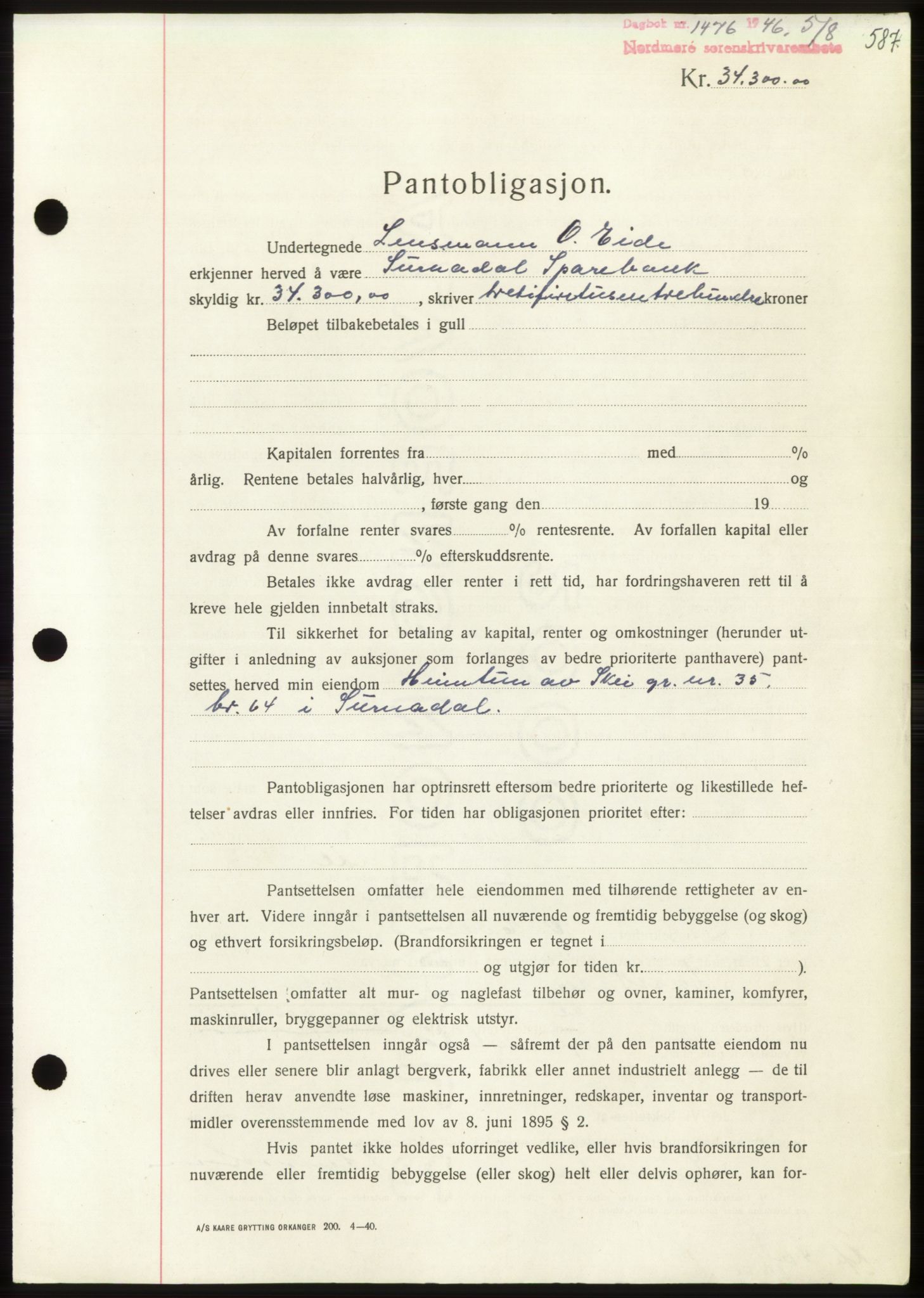 Nordmøre sorenskriveri, AV/SAT-A-4132/1/2/2Ca: Mortgage book no. B94, 1946-1946, Diary no: : 1476/1946