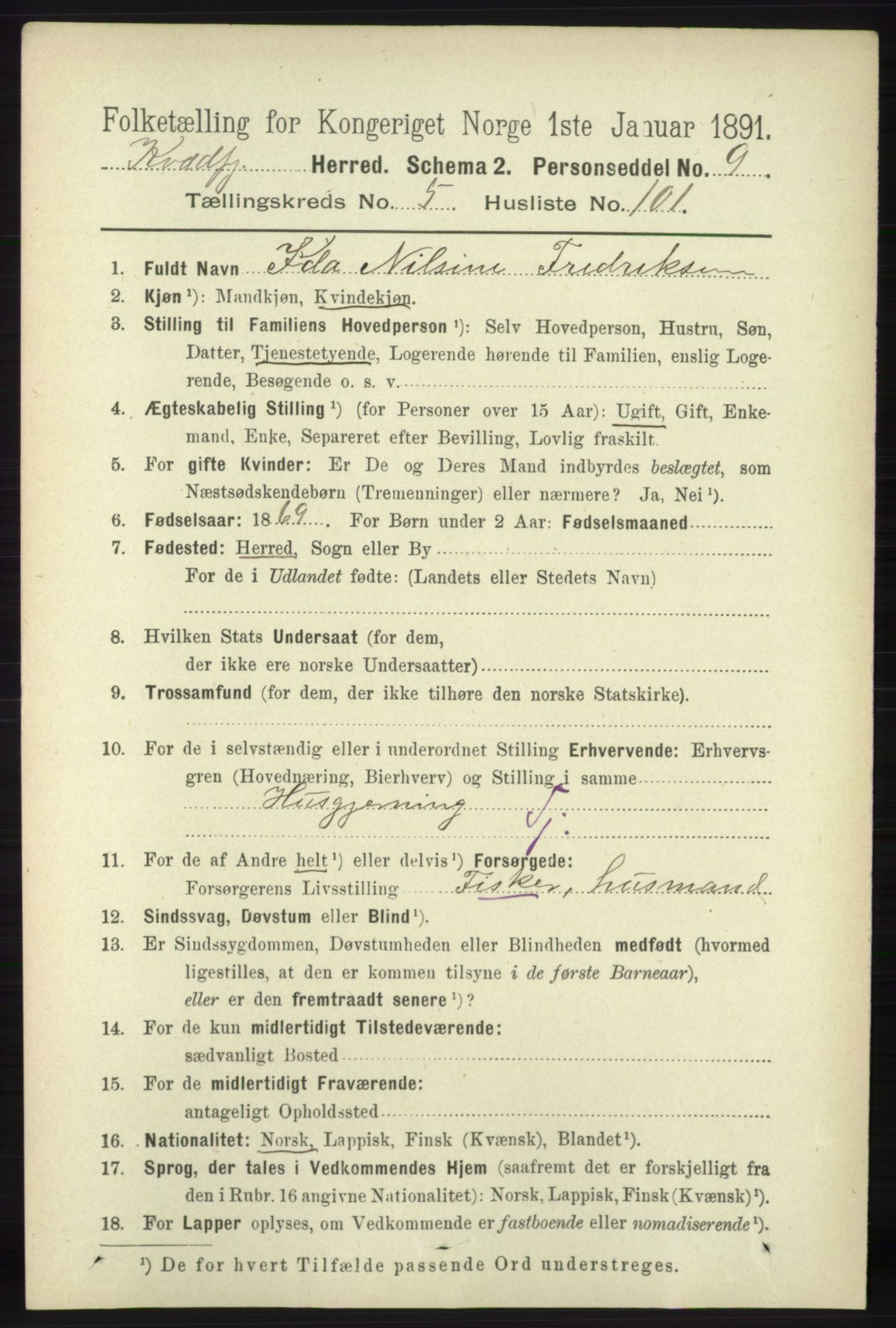 RA, 1891 census for 1911 Kvæfjord, 1891, p. 3482