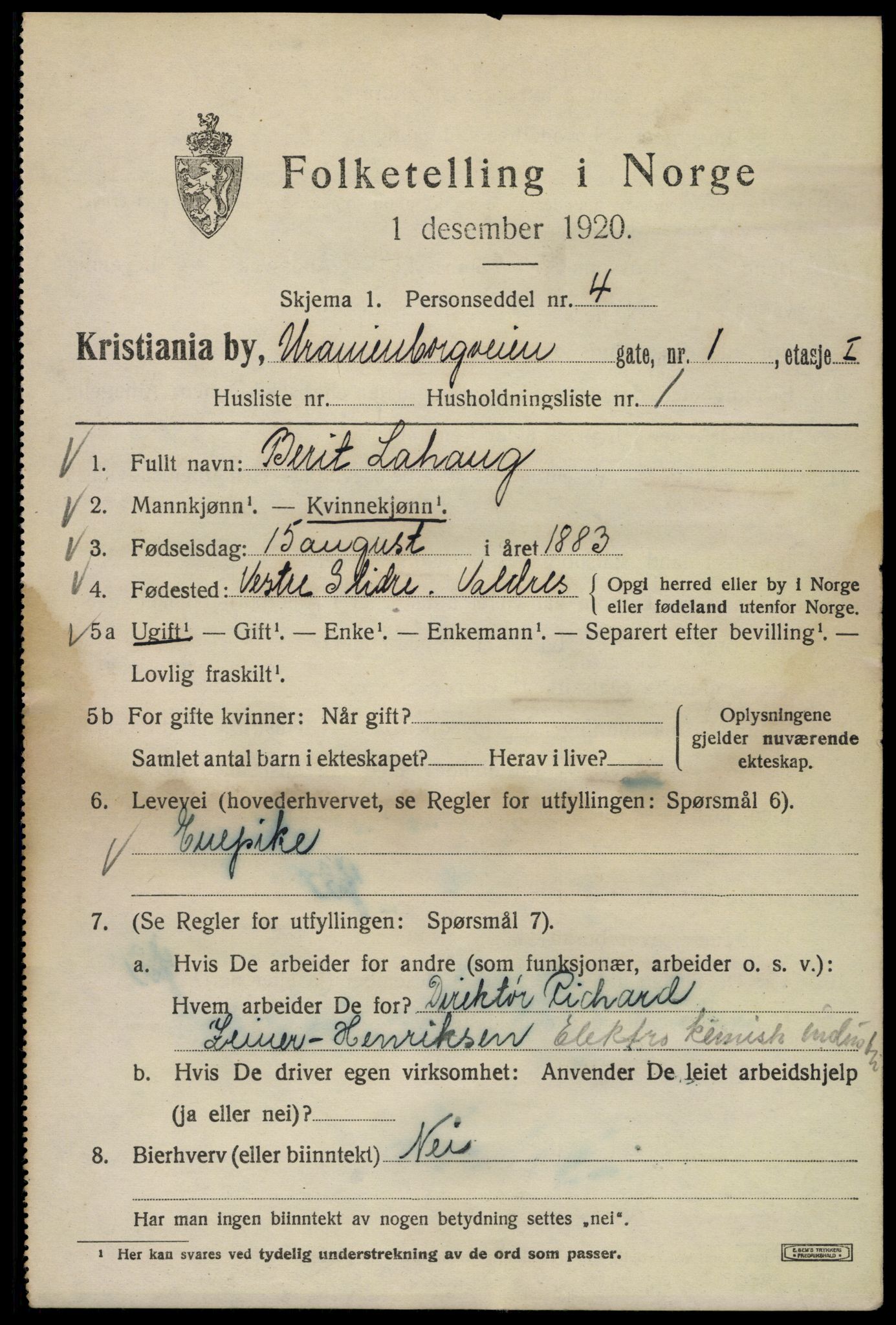 SAO, 1920 census for Kristiania, 1920, p. 619357