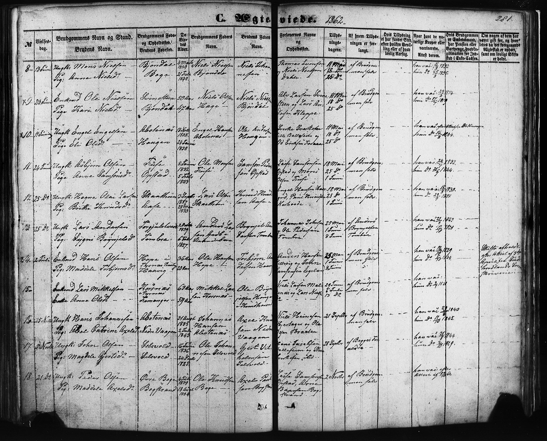 Fusa sokneprestembete, AV/SAB-A-75401/H/Haa: Parish register (official) no. A 1I, 1855-1879, p. 281