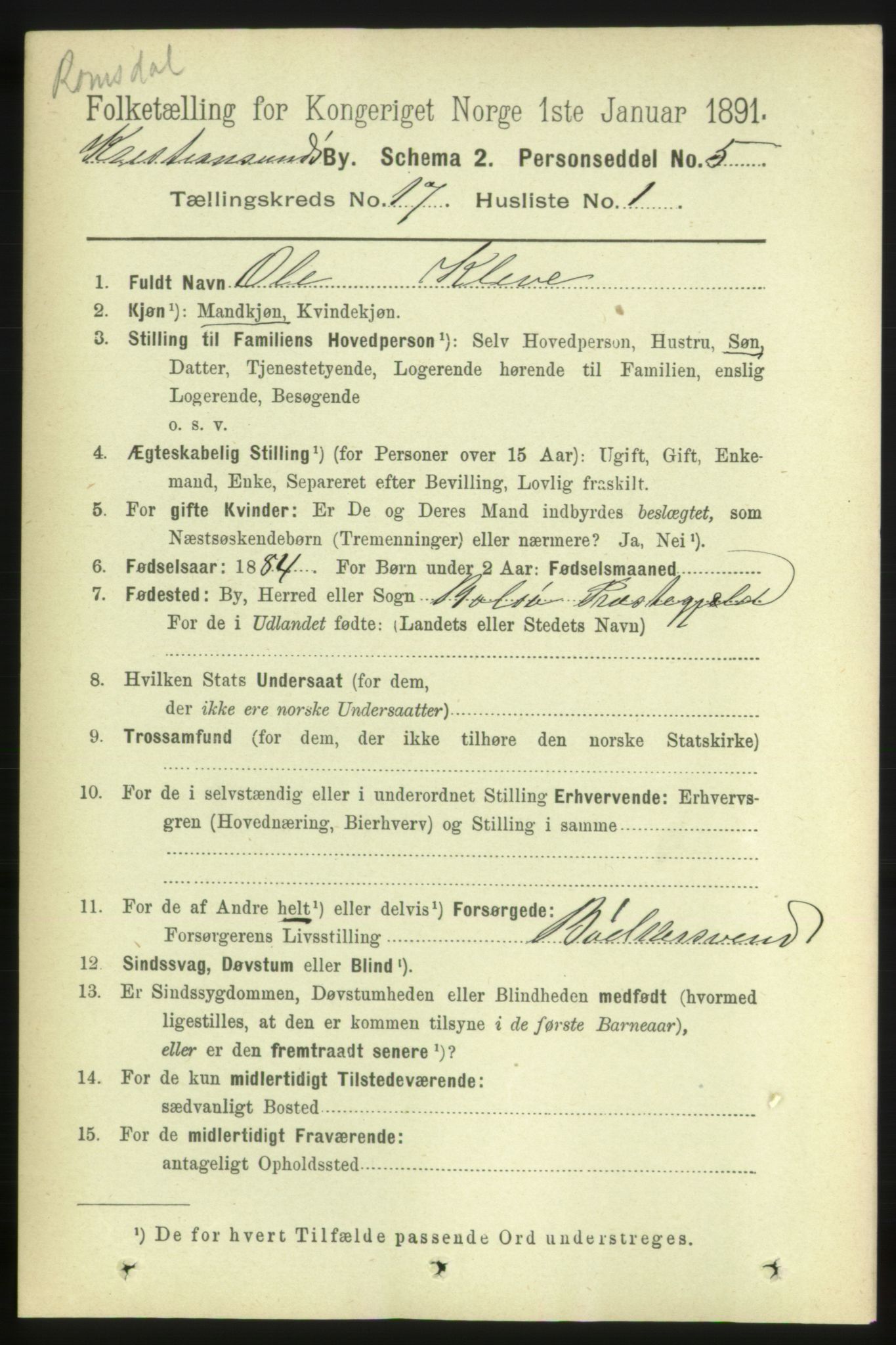 RA, 1891 census for 1503 Kristiansund, 1891, p. 11654