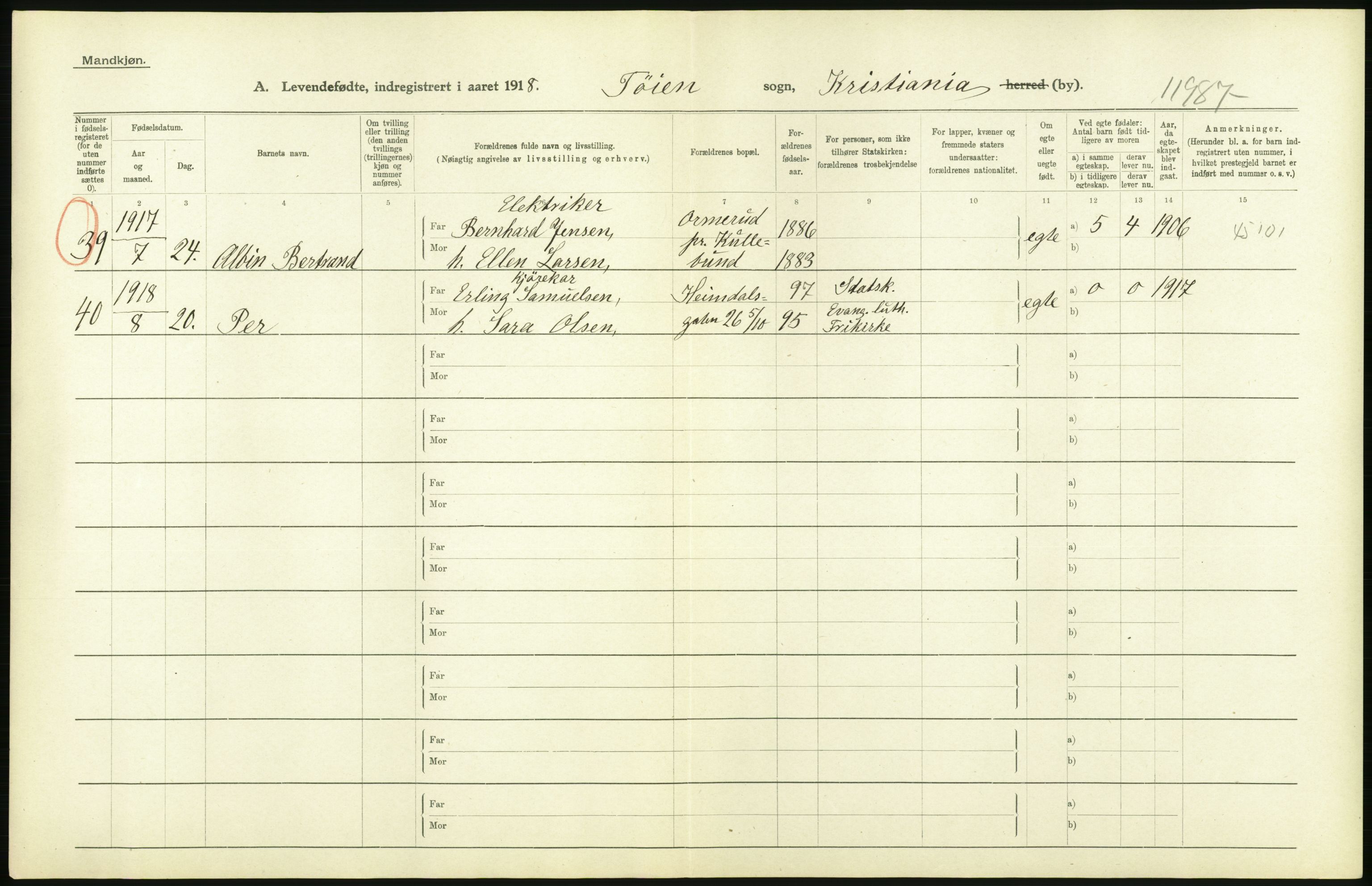 Statistisk sentralbyrå, Sosiodemografiske emner, Befolkning, AV/RA-S-2228/D/Df/Dfb/Dfbh/L0008: Kristiania: Levendefødte menn og kvinner., 1918, p. 192