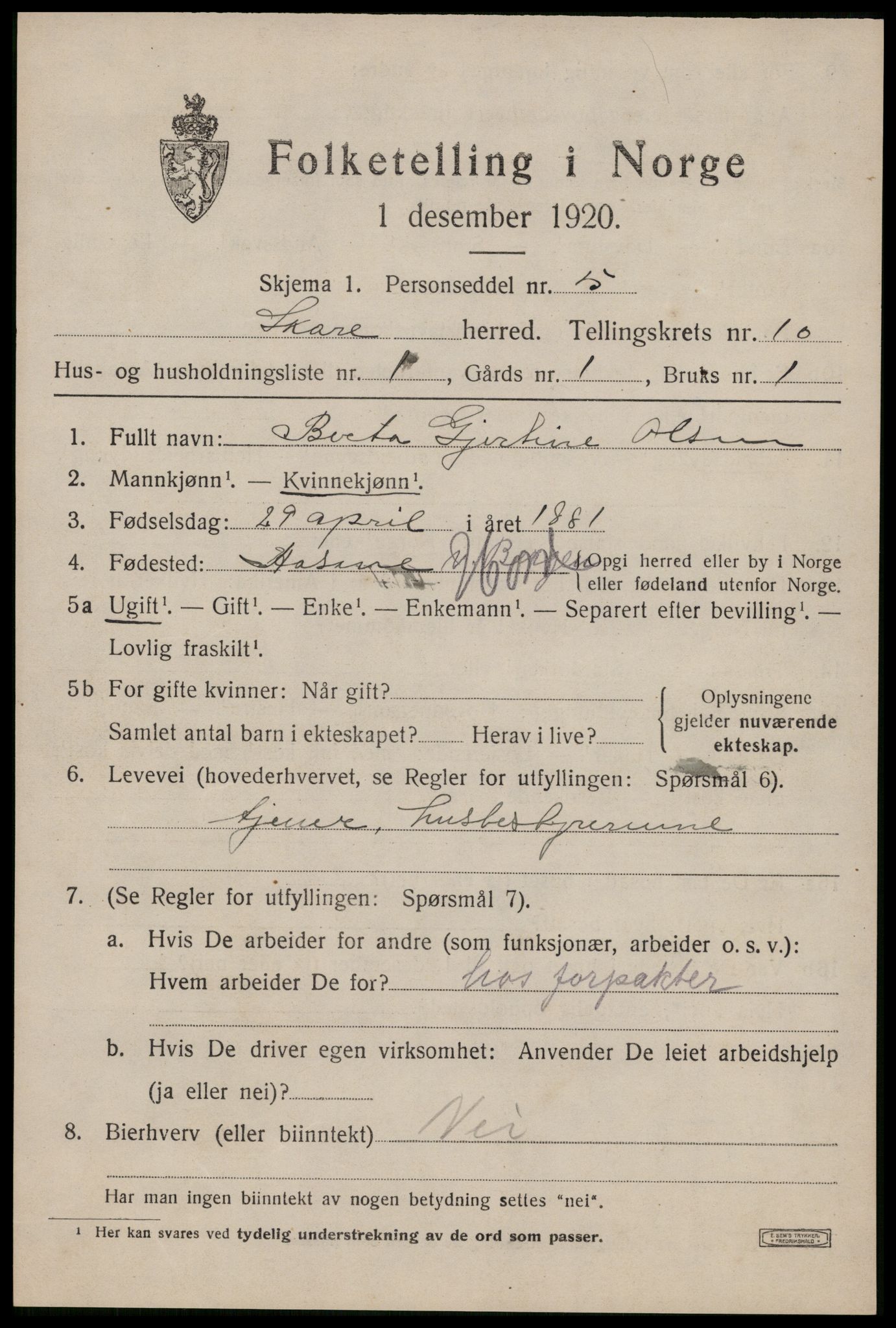 SAST, 1920 census for Skåre, 1920, p. 7866