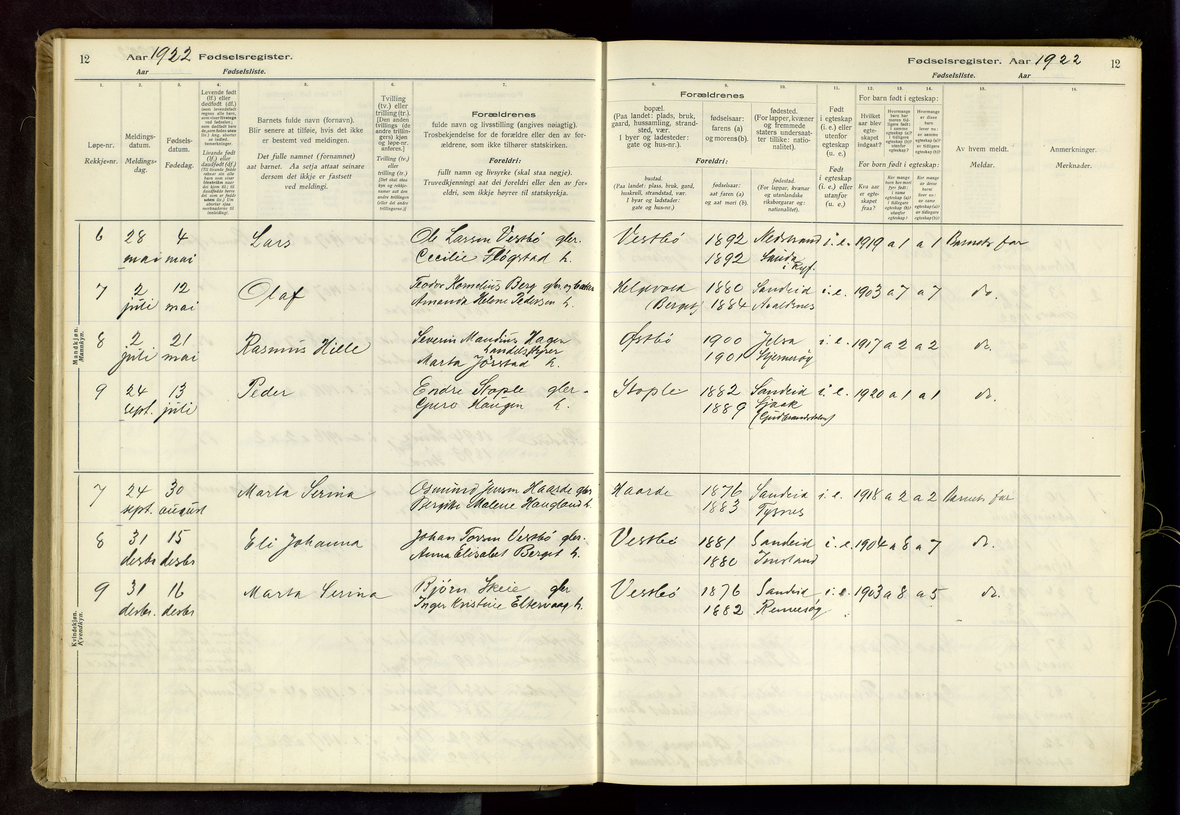 Vikedal sokneprestkontor, AV/SAST-A-101840/01/II: Birth register no. 4, 1916-1982, p. 12