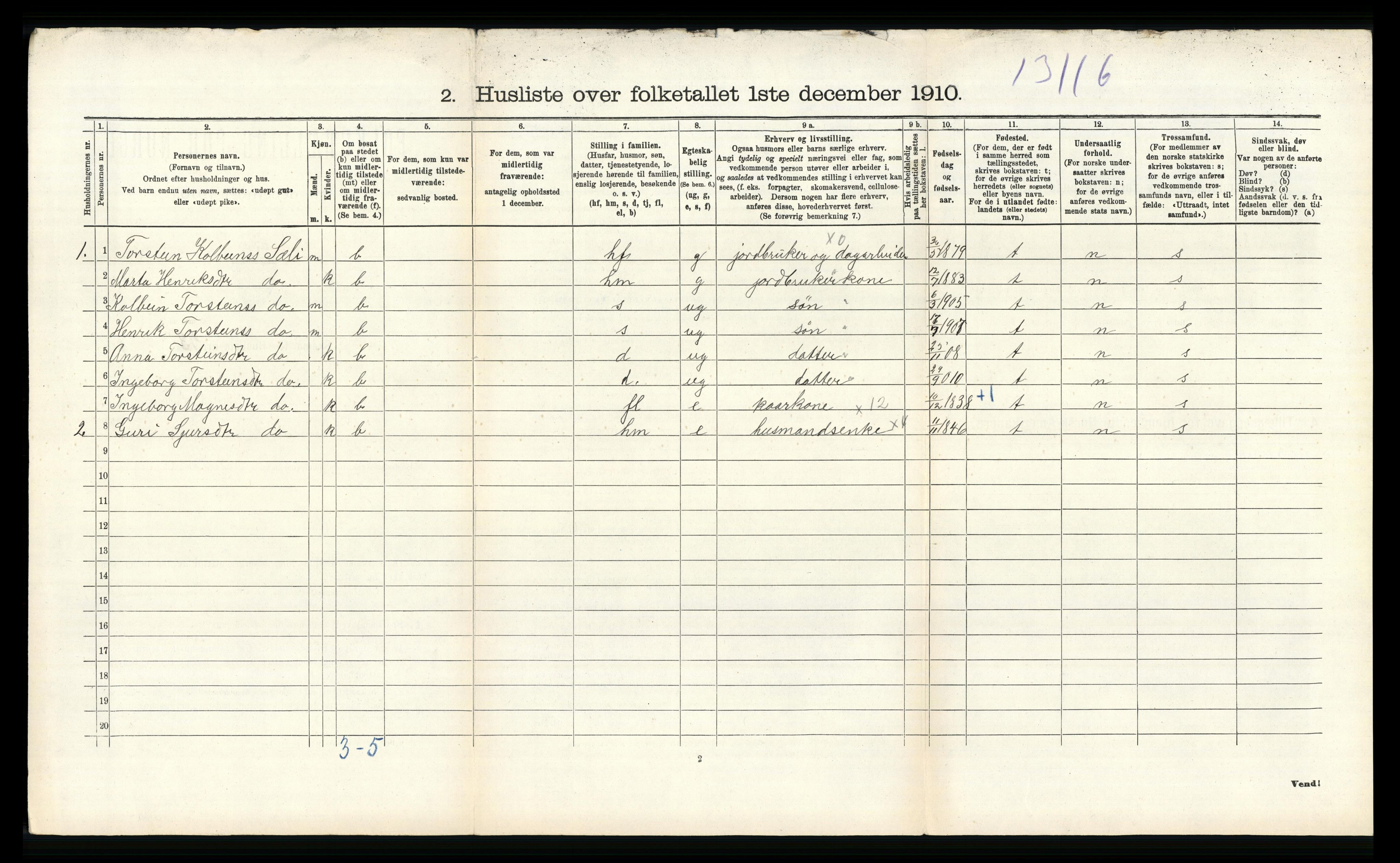 RA, 1910 census for Vossestrand, 1910, p. 628