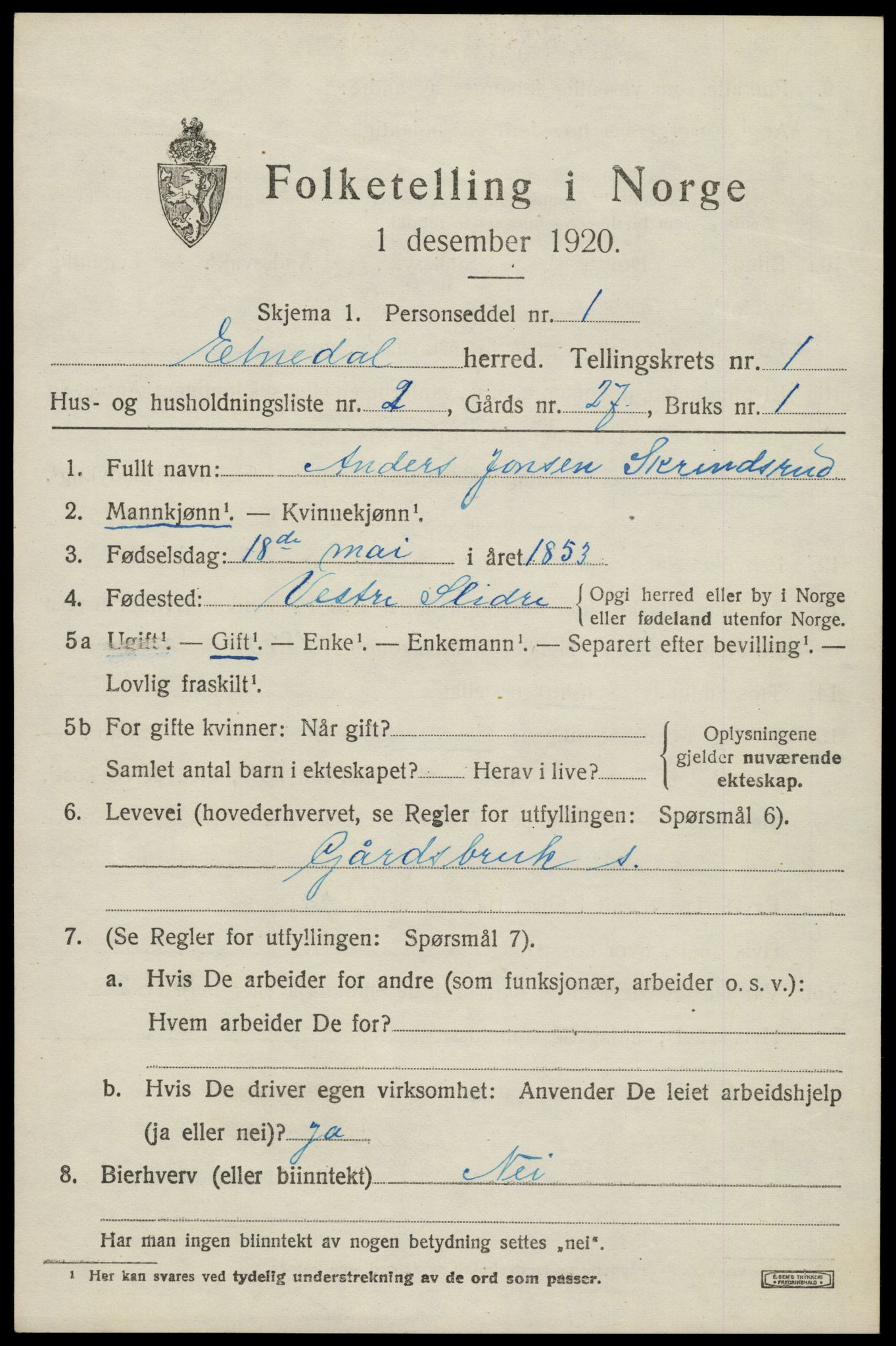 SAH, 1920 census for Etnedal, 1920, p. 802