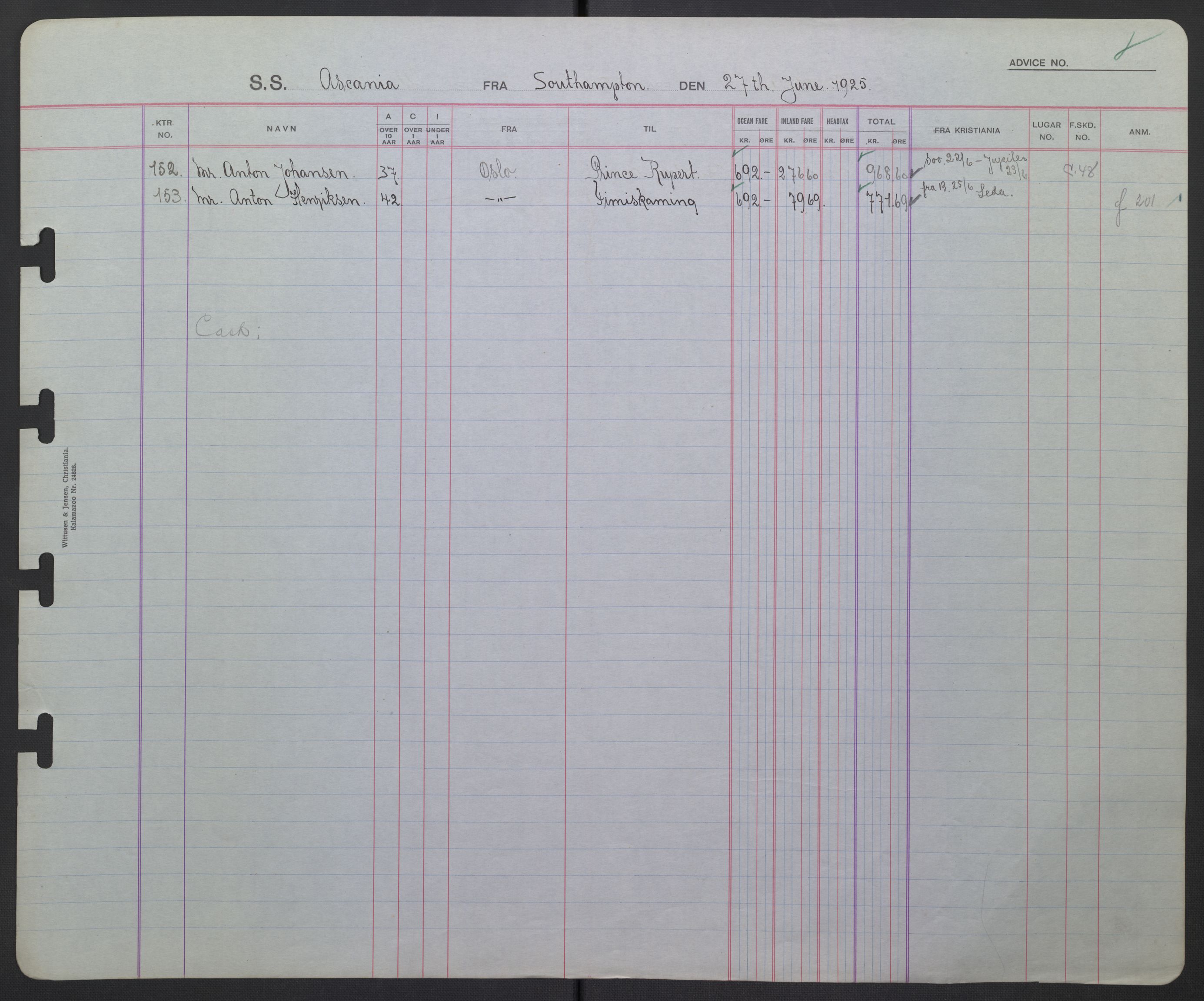 White Star-linjen, AV/SAO-PAO-0201/D/Db/L0003: Passasjerlister, 1924-1938, p. 214