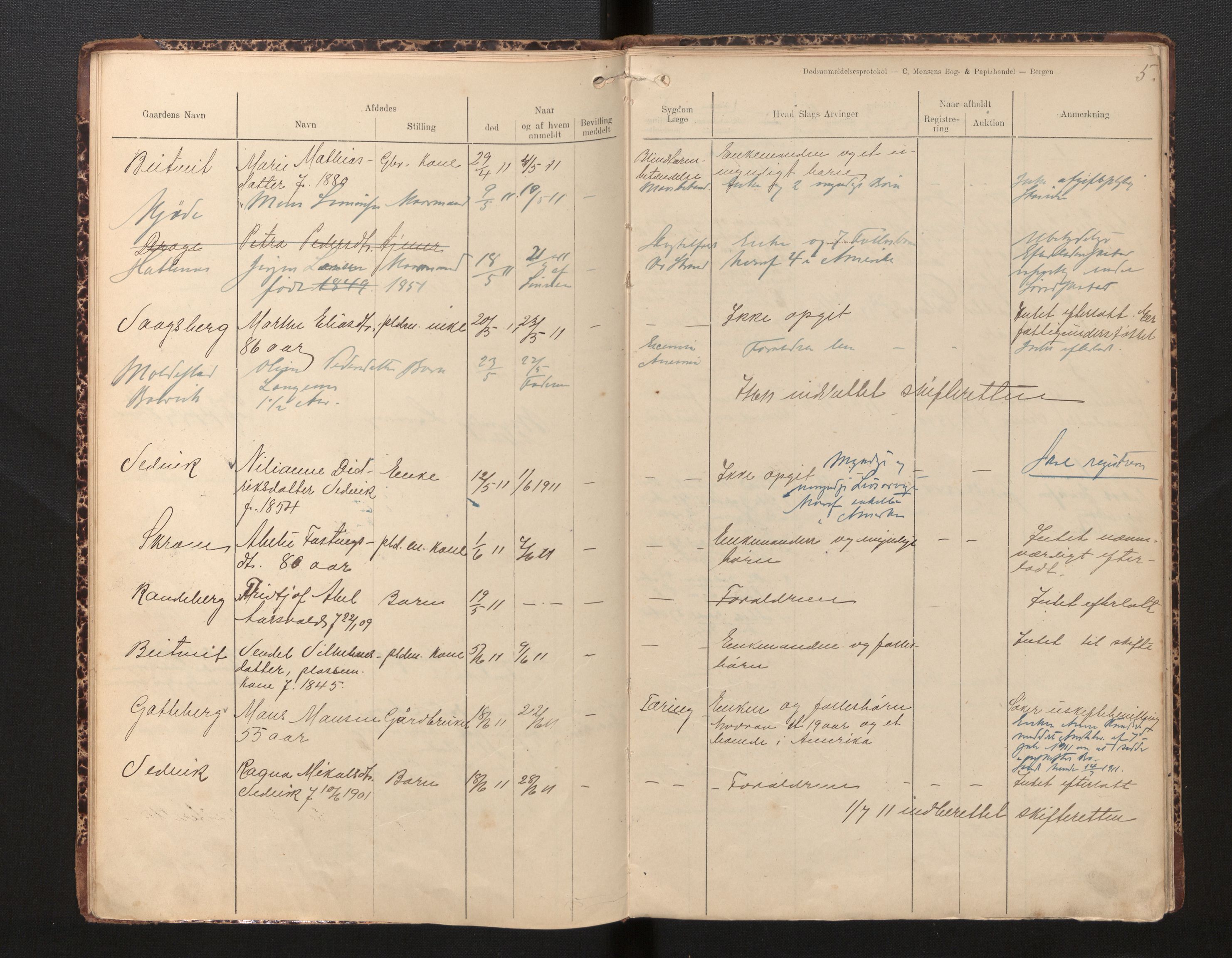 Lensmannen i Selje, AV/SAB-A-29701/0006/L0006: Dødsfallprotokoll, 1910-1916, p. 5