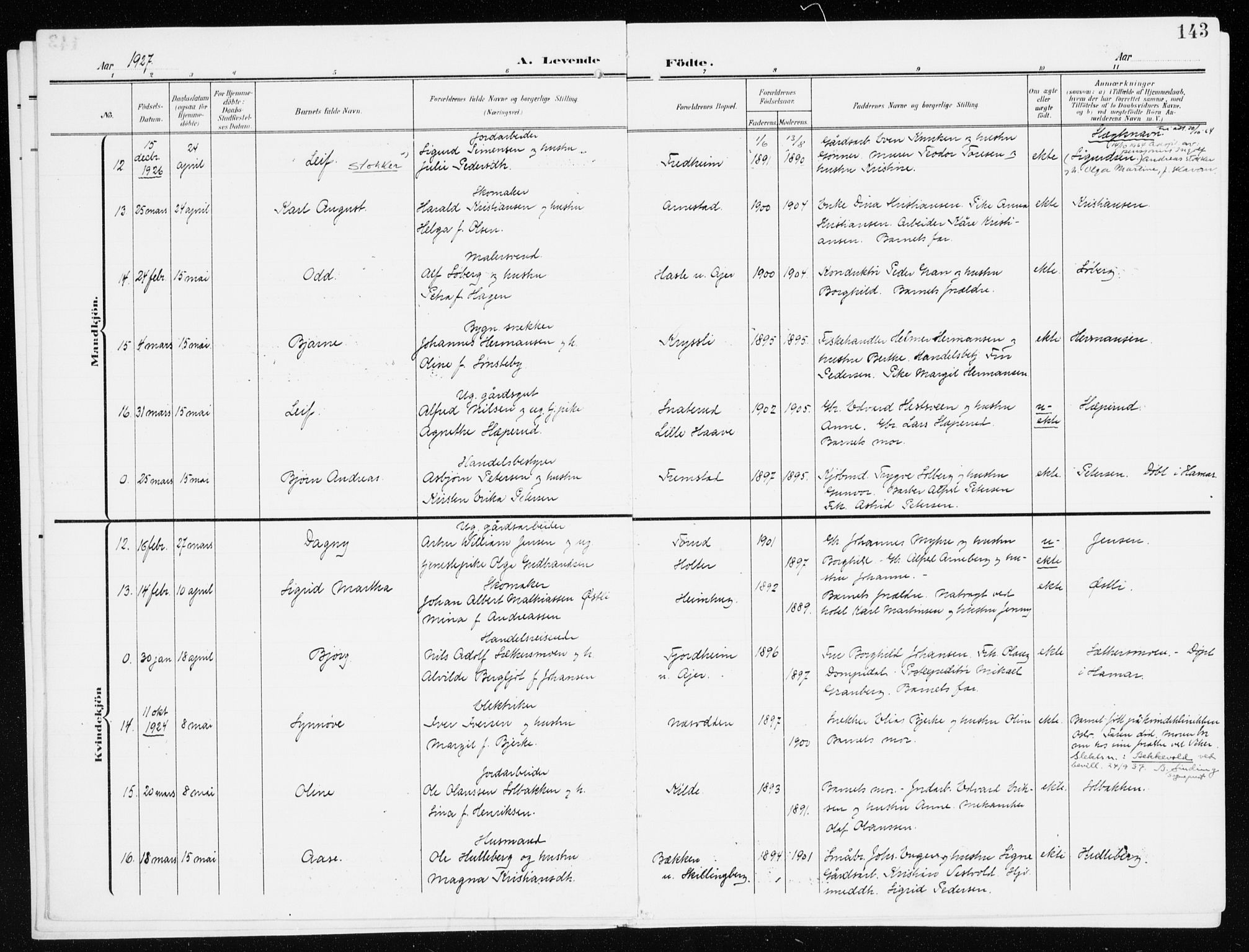 Furnes prestekontor, AV/SAH-PREST-012/K/Ka/L0001: Parish register (official) no. 1, 1907-1935, p. 143