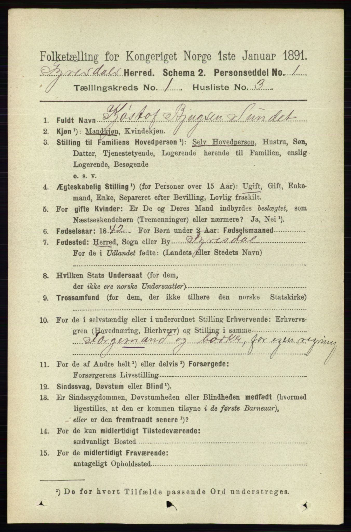 RA, 1891 census for 0831 Fyresdal, 1891, p. 75